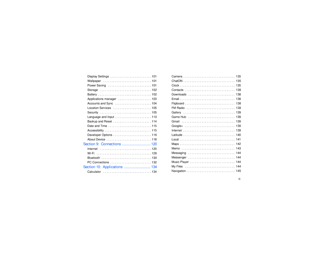 Samsung GT-S7560M user manual 120, 134, Connections, Applications, Iii 