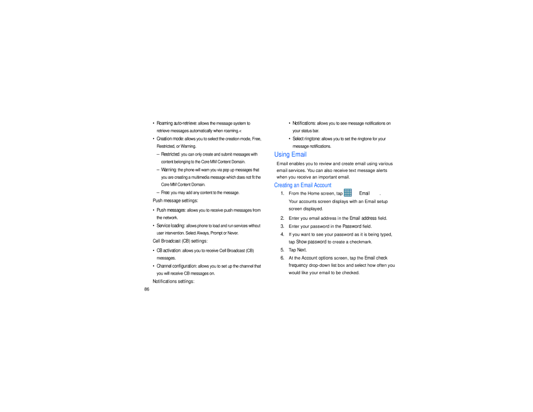 Samsung GT-S7560M user manual Using Email, Push message settings, Cell Broadcast CB settings, Notifications settings 