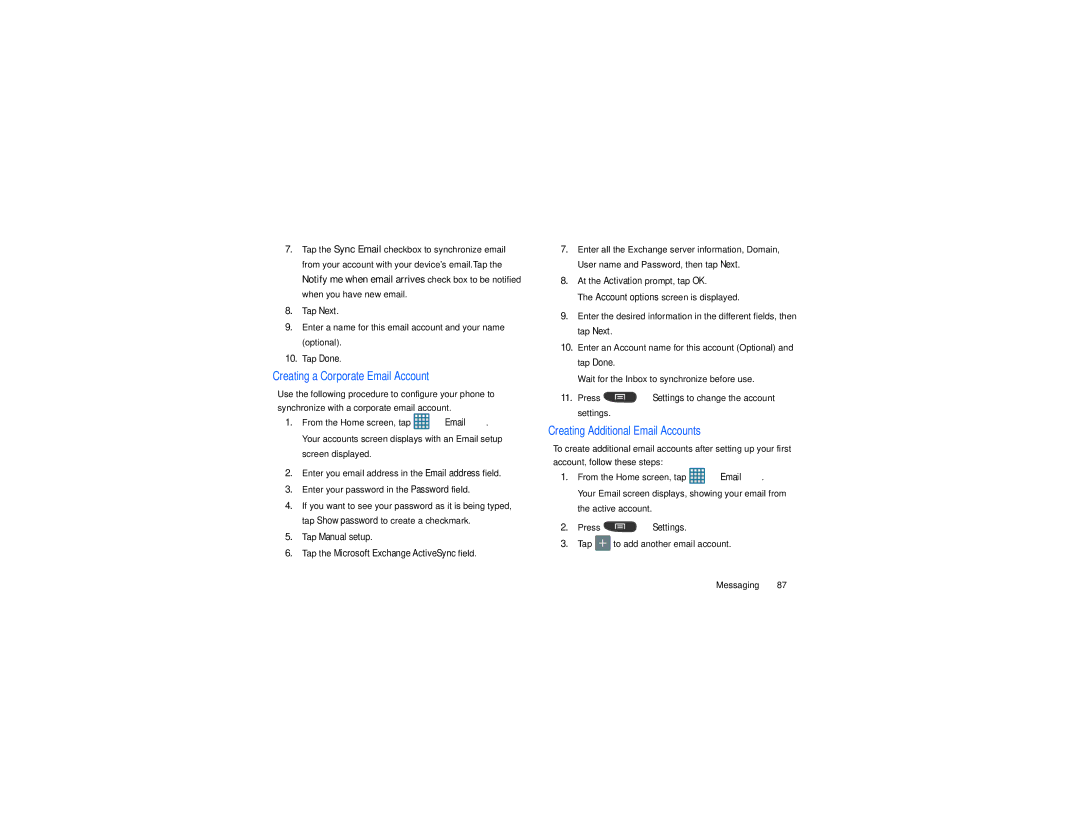 Samsung GT-S7560M user manual Tap to add another email account Messaging, Creating a Corporate Email Account 