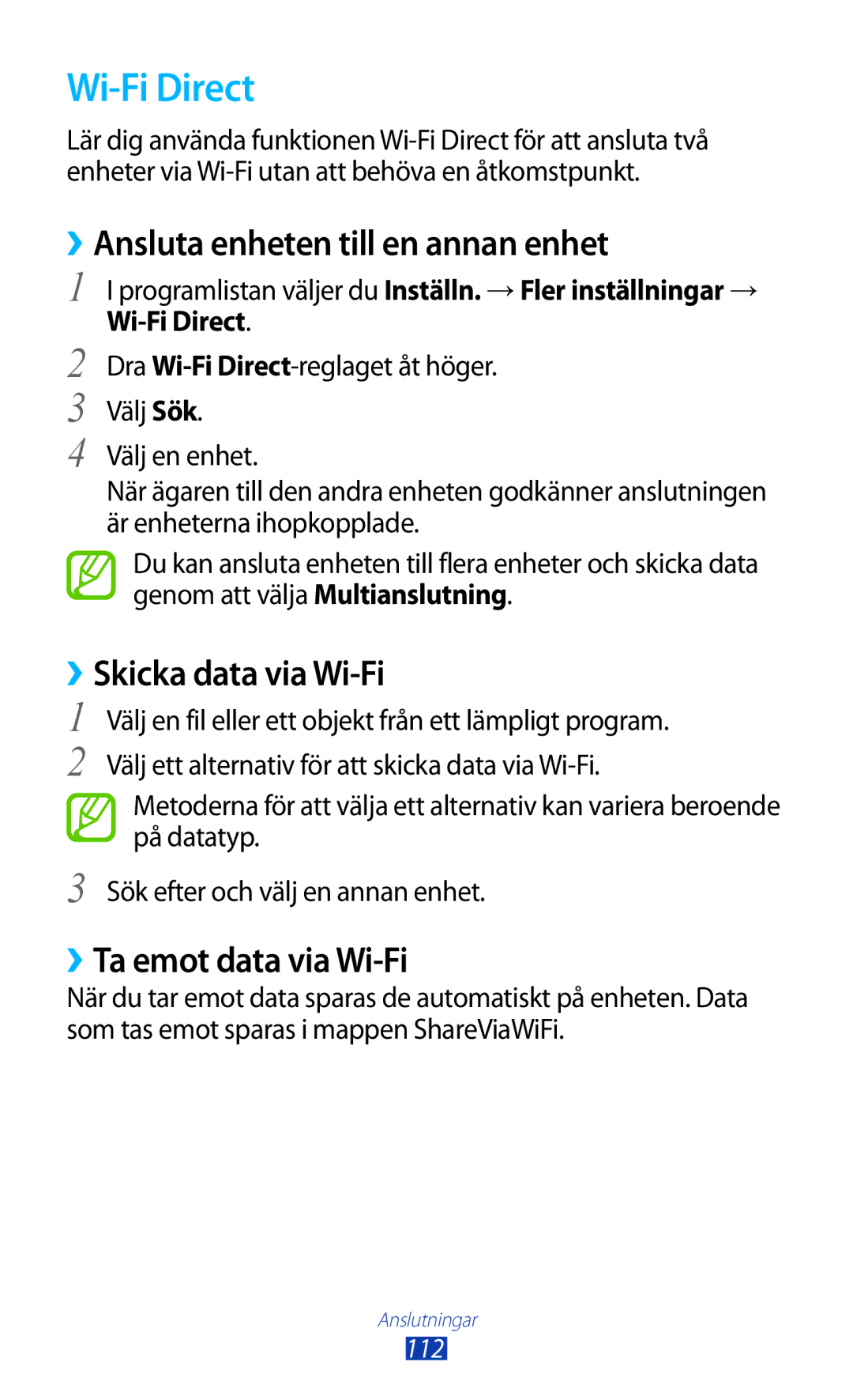 Samsung GT-S7560UWANEE, GT-S7560ZKANEE manual Wi-Fi Direct, ››Ansluta enheten till en annan enhet, ››Skicka data via Wi-Fi 