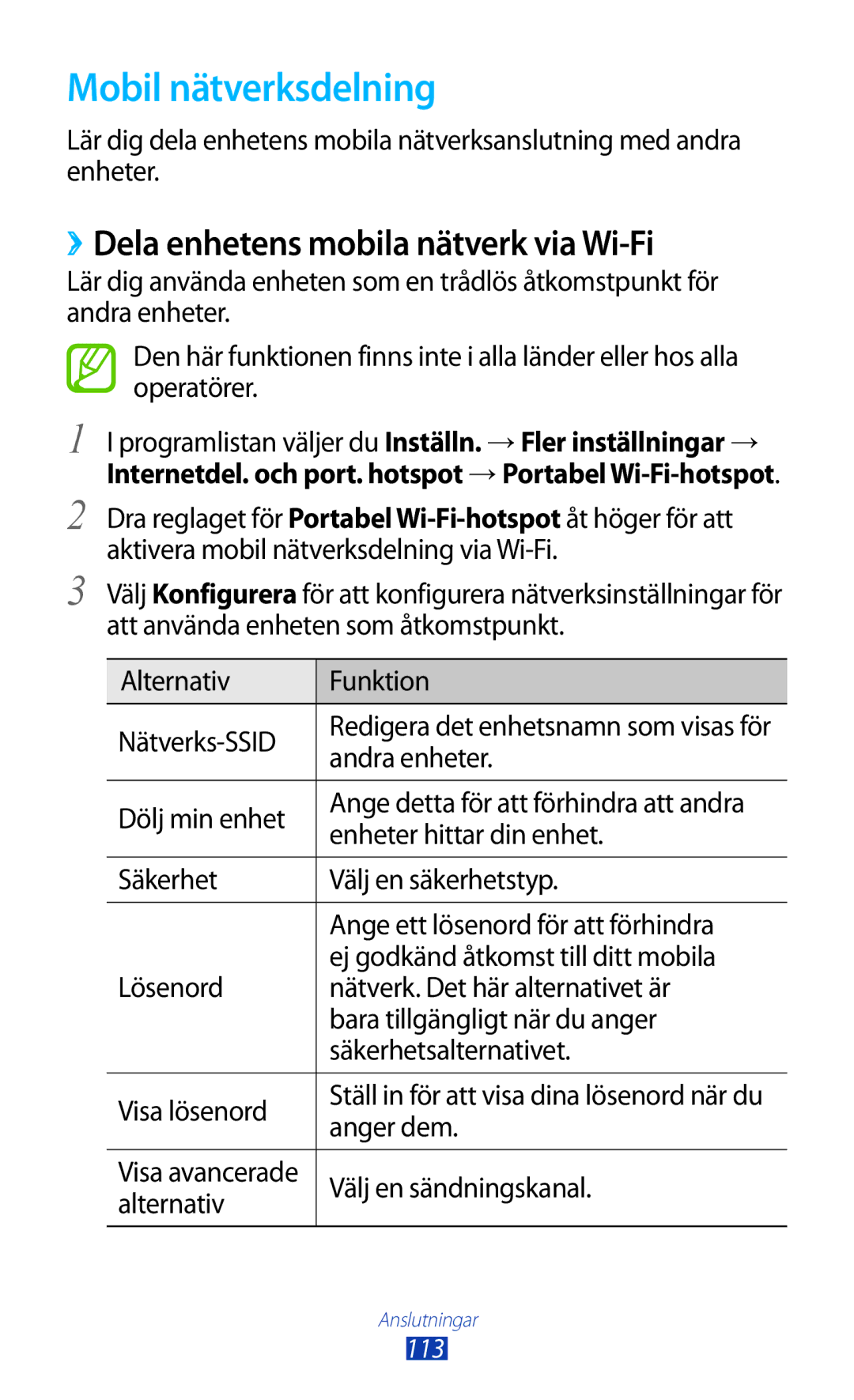 Samsung GT-S7560ZKANEE, GT-S7560UWANEE manual Mobil nätverksdelning, ››Dela enhetens mobila nätverk via Wi-Fi 