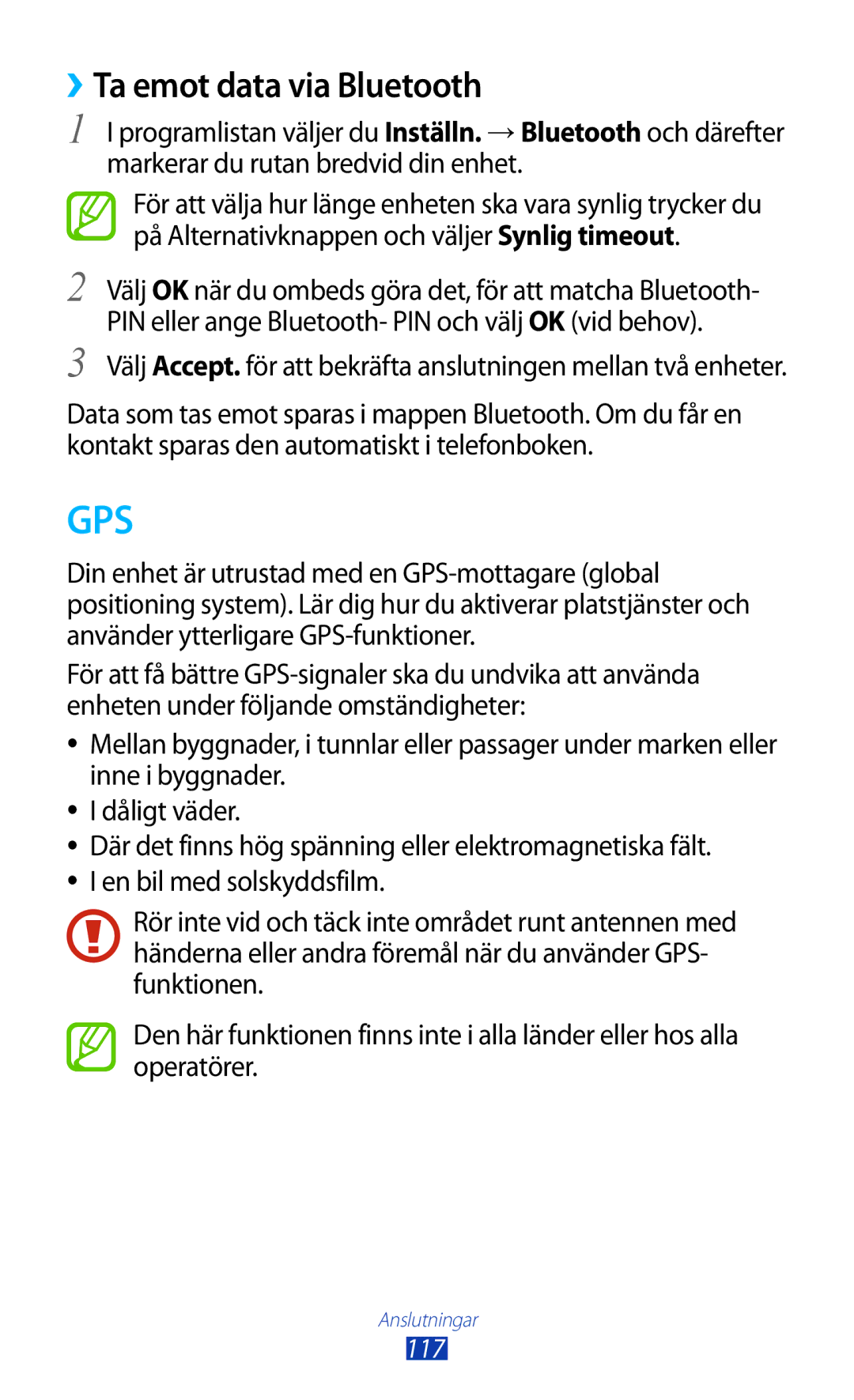 Samsung GT-S7560ZKANEE, GT-S7560UWANEE manual Gps, ››Ta emot data via Bluetooth 