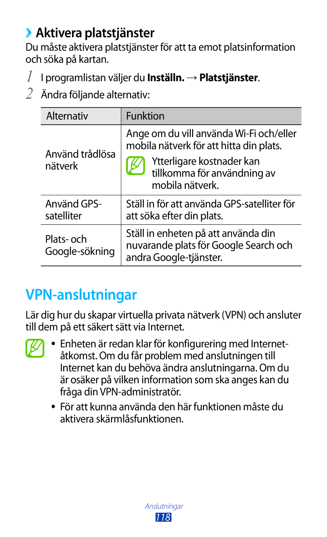 Samsung GT-S7560UWANEE, GT-S7560ZKANEE VPN-anslutningar, ››Aktivera platstjänster, Mobila nätverk för att hitta din plats 