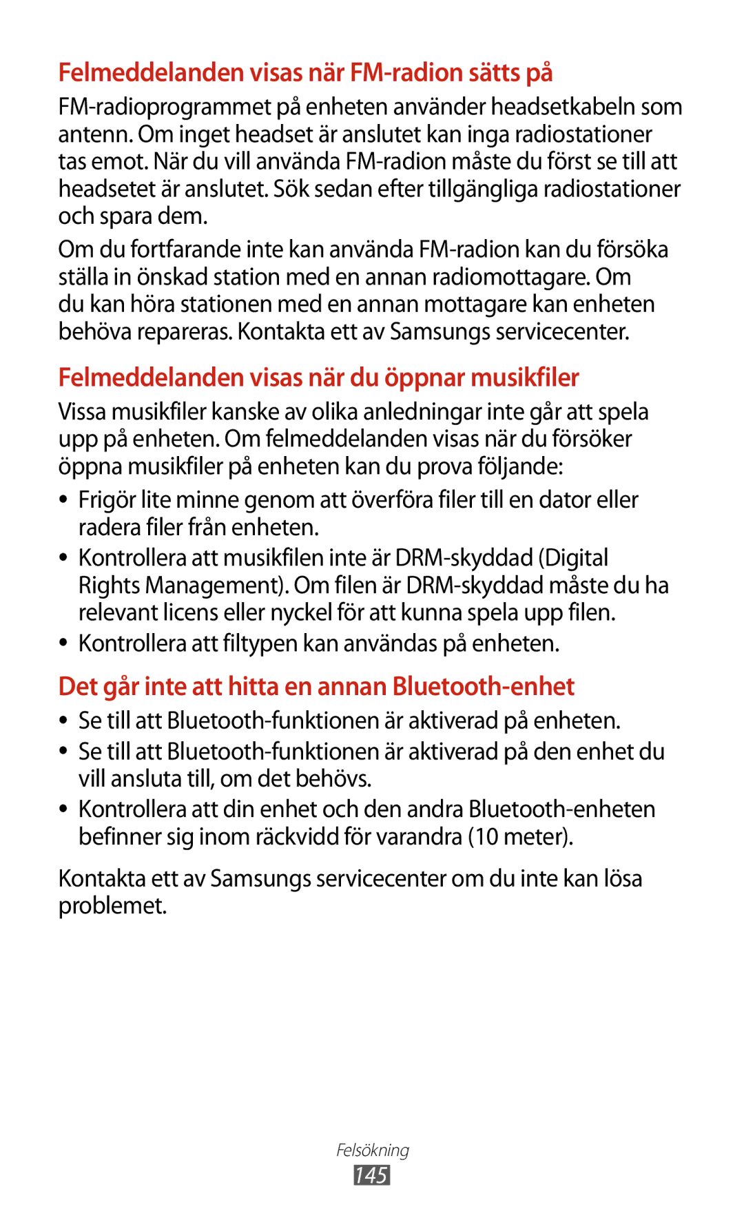 Samsung GT-S7560ZKANEE manual Felmeddelanden visas när FM-radion sätts på, Kontrollera att filtypen kan användas på enheten 