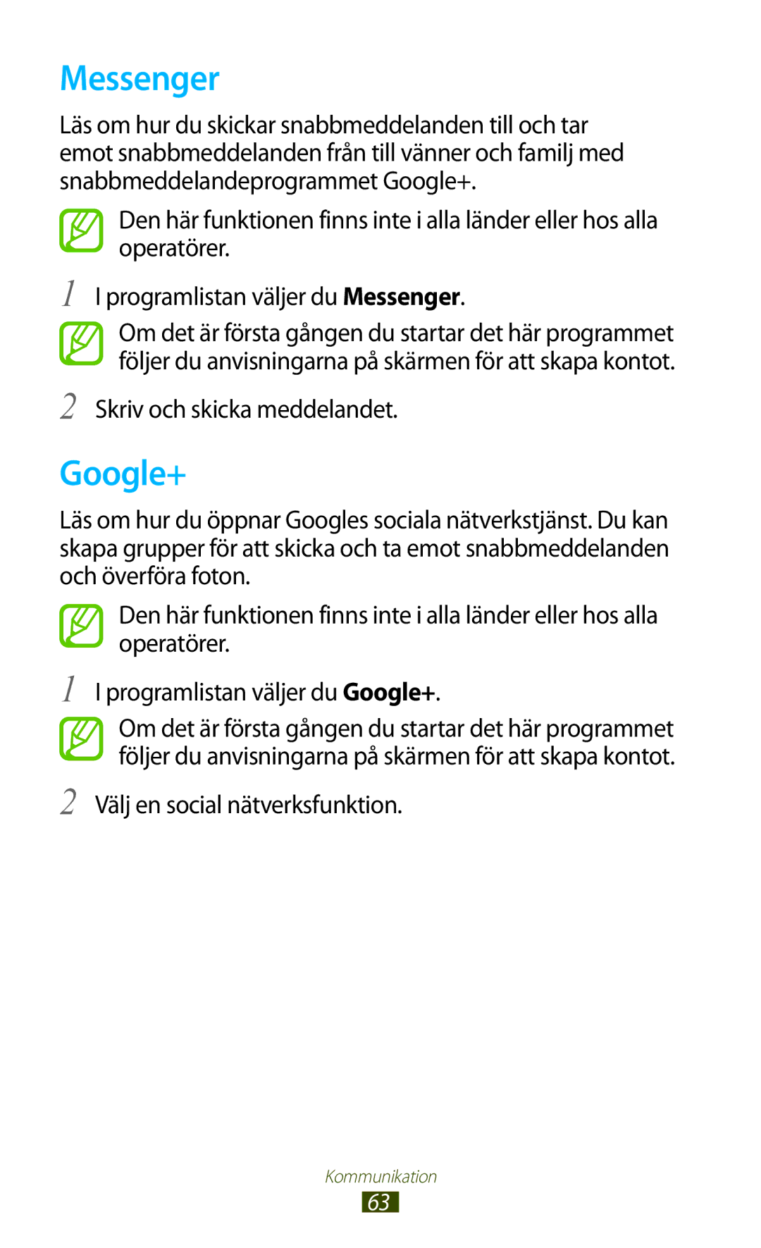 Samsung GT-S7560ZKANEE, GT-S7560UWANEE manual Messenger, Google+, Välj en social nätverksfunktion 