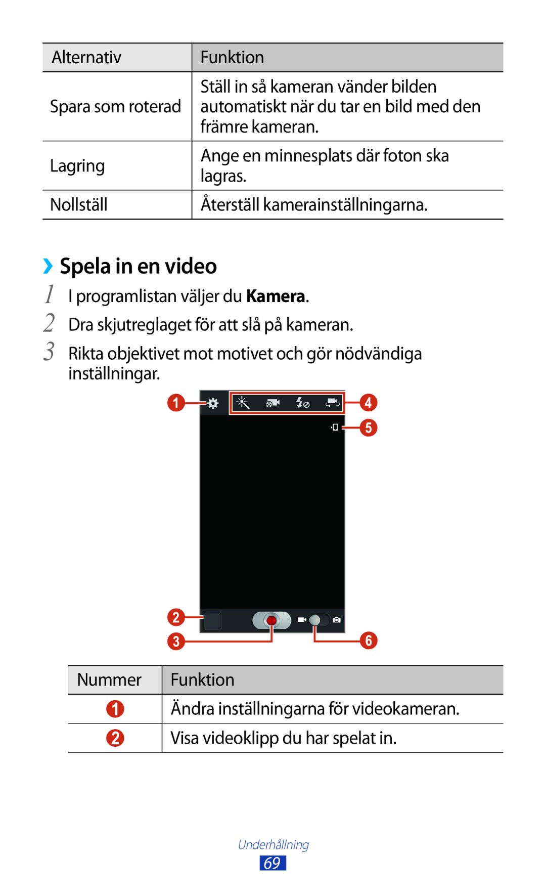 Samsung GT-S7560ZKANEE manual ››Spela in en video, Alternativ Funktion Ställ in så kameran vänder bilden, Främre kameran 