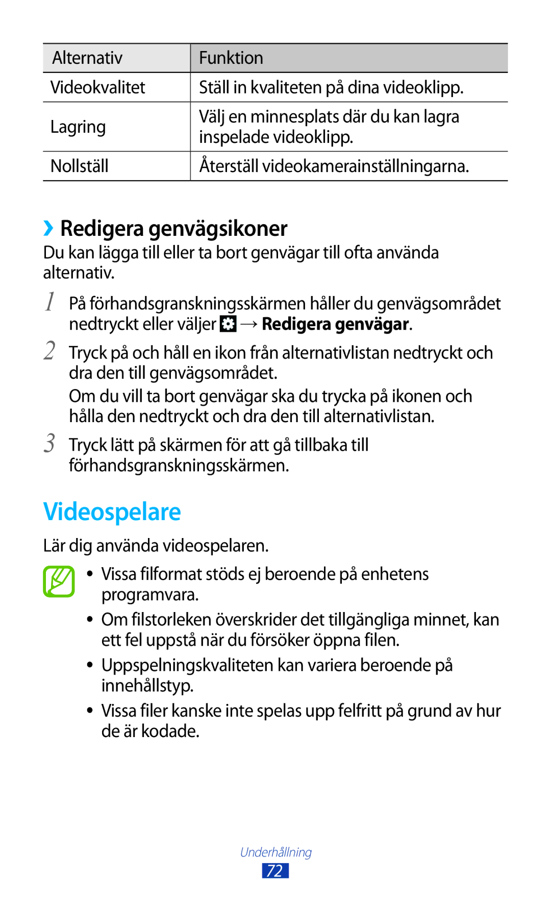 Samsung GT-S7560UWANEE, GT-S7560ZKANEE manual Videospelare, ››Redigera genvägsikoner 