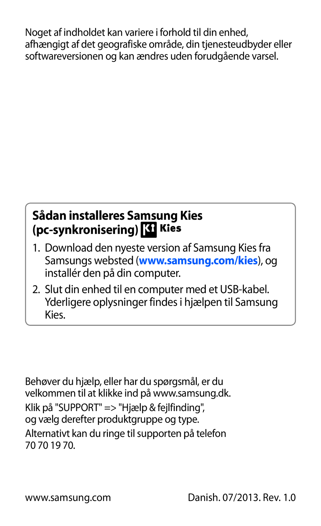 Samsung GT-S7560ZKANEE, GT-S7560UWANEE manual Sådan installeres Samsung Kies pc-synkronisering 