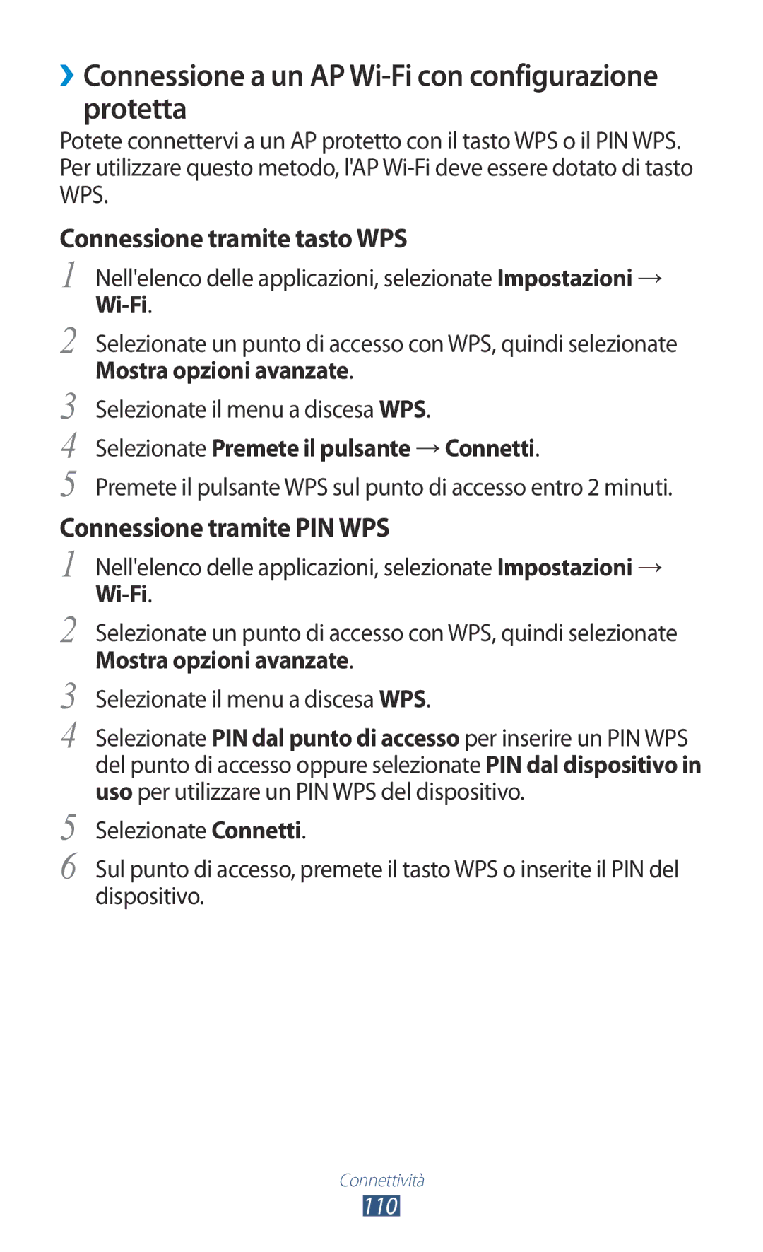 Samsung GT-S7560UWAOMN manual ››Connessione a un AP Wi-Fi con configurazione protetta, Mostra opzioni avanzate, 110 