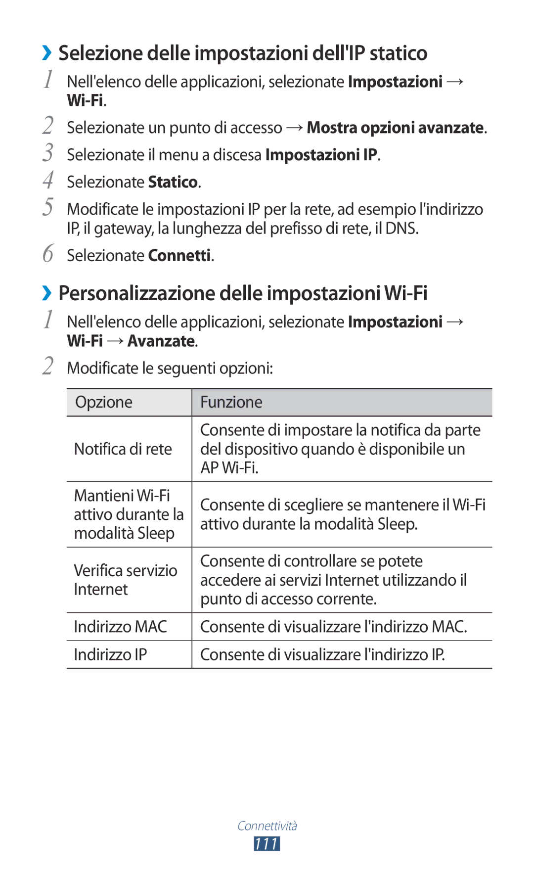 Samsung GT-S7560ZKAITV ››Selezione delle impostazioni dellIP statico, ››Personalizzazione delle impostazioni Wi-Fi, 111 