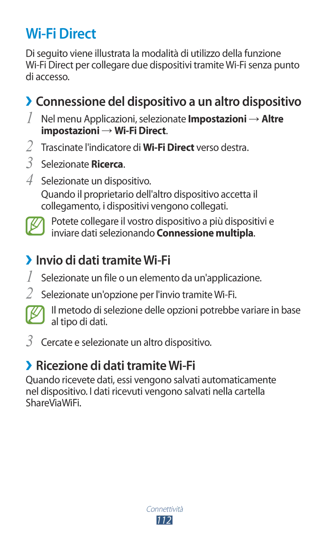 Samsung GT-S7560UWAWIN, GT-S7560ZKAXEO Wi-Fi Direct, ››Invio di dati tramite Wi-Fi, ››Ricezione di dati tramite Wi-Fi, 112 