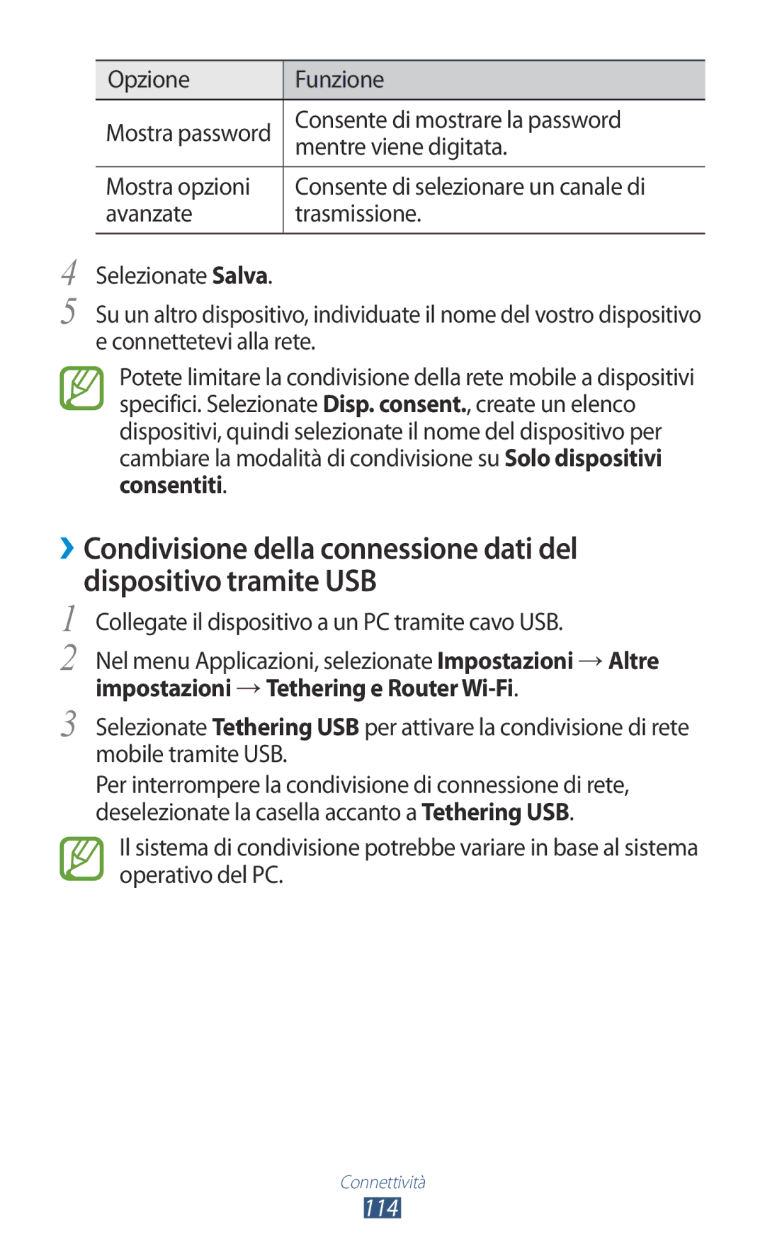 Samsung GT-S7560ZKAWIN, GT-S7560UWAWIN, GT-S7560ZKAXEO manual Consente di mostrare la password, Mentre viene digitata, 114 