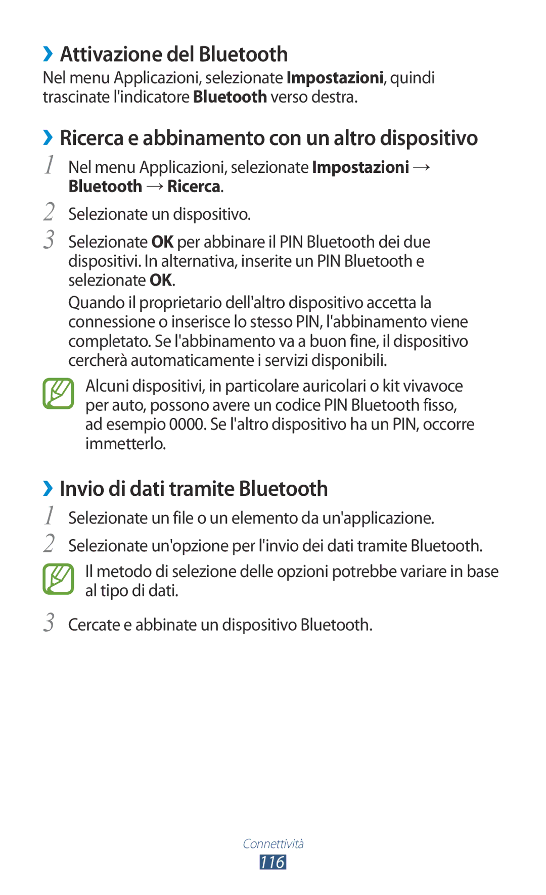 Samsung GT-S7560ZKATIM, GT-S7560UWAWIN, GT-S7560ZKAXEO ››Attivazione del Bluetooth, ››Invio di dati tramite Bluetooth, 116 