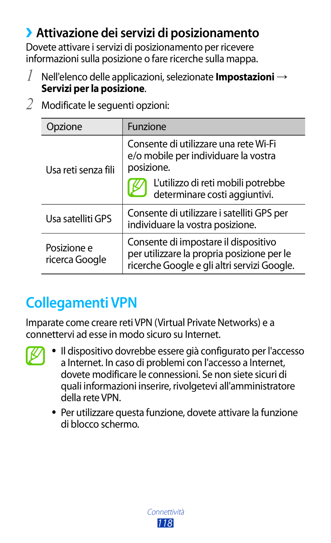 Samsung GT-S7560UWAOMN manual Collegamenti VPN, ››Attivazione dei servizi di posizionamento, Servizi per la posizione, 118 