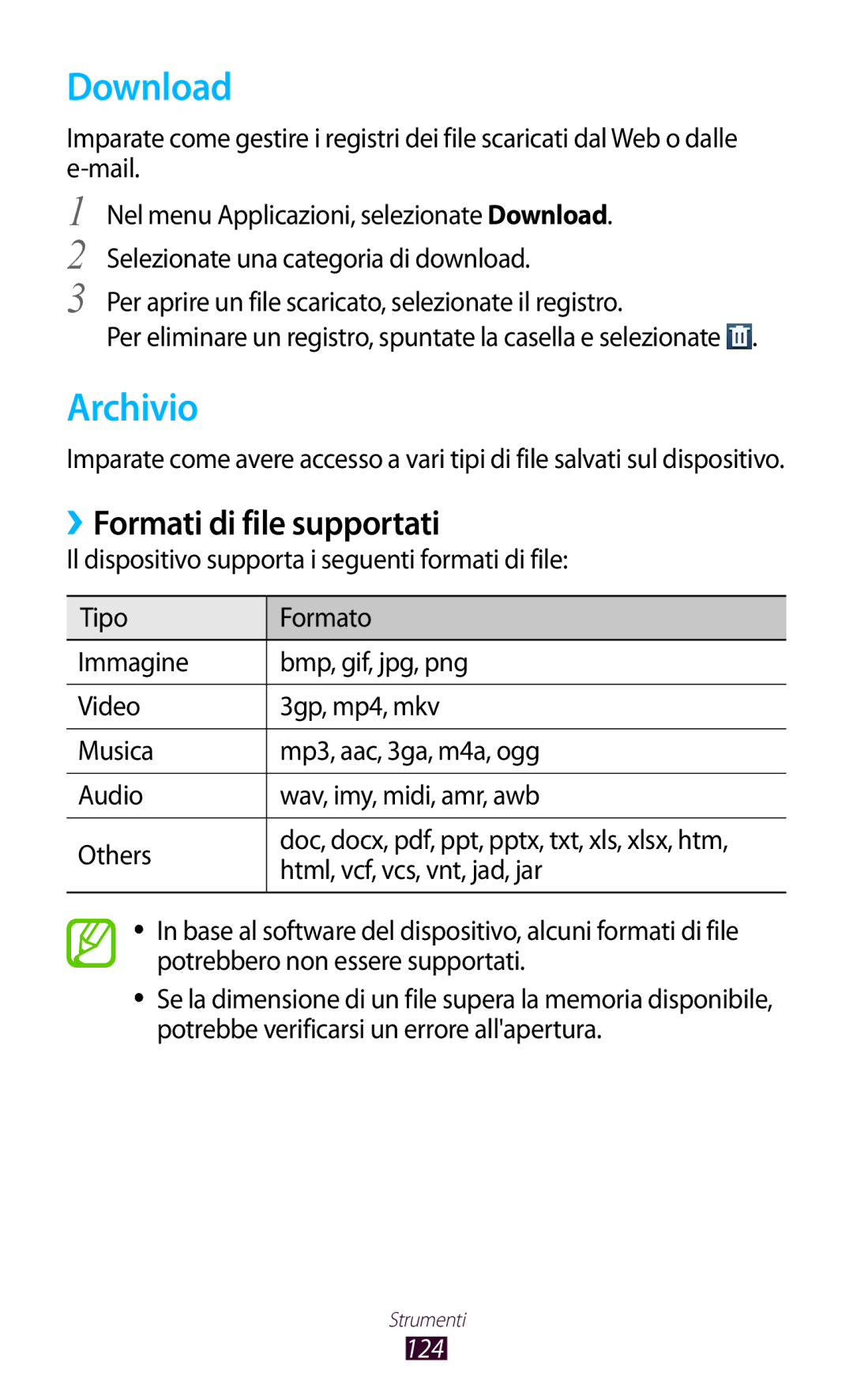 Samsung GT-S7560ZKATIM, GT-S7560UWAWIN, GT-S7560ZKAXEO, GT-S7560ZKAWIN Download, Archivio, ››Formati di file supportati, 124 