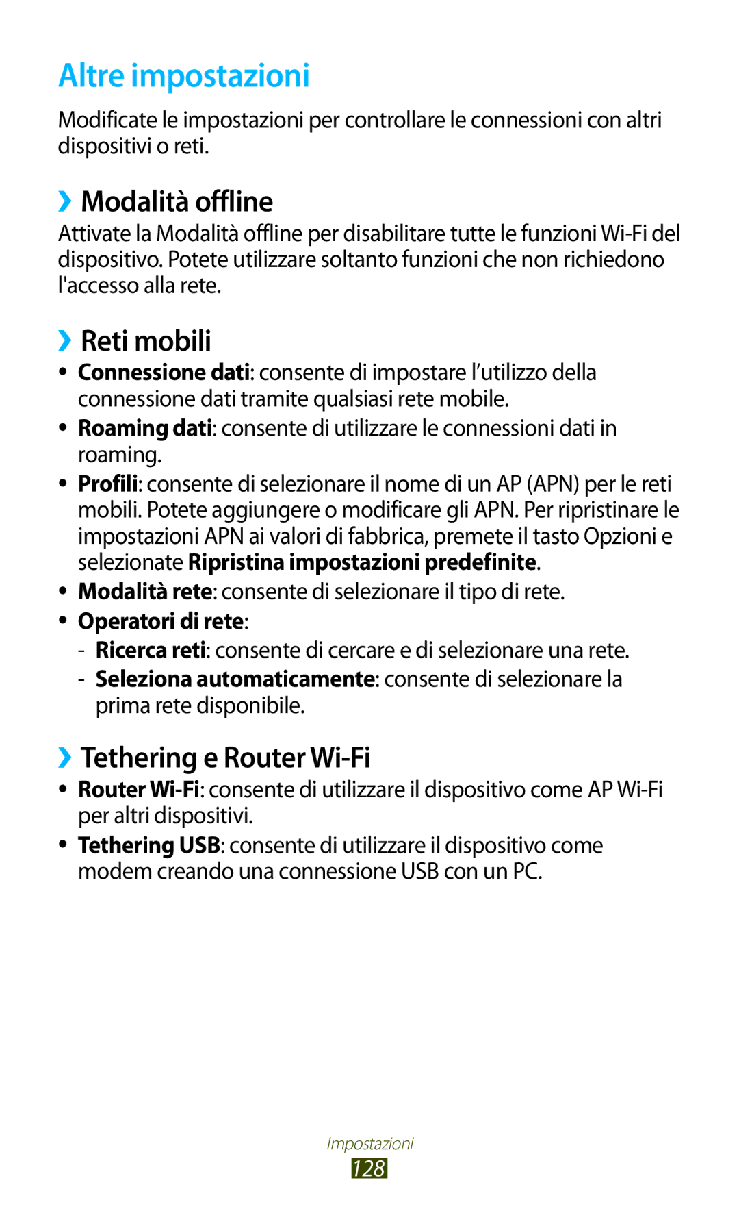 Samsung GT-S7560UWAWIN manual Altre impostazioni, ››Modalità offline, ››Reti mobili, ››Tethering e Router Wi-Fi, 128 