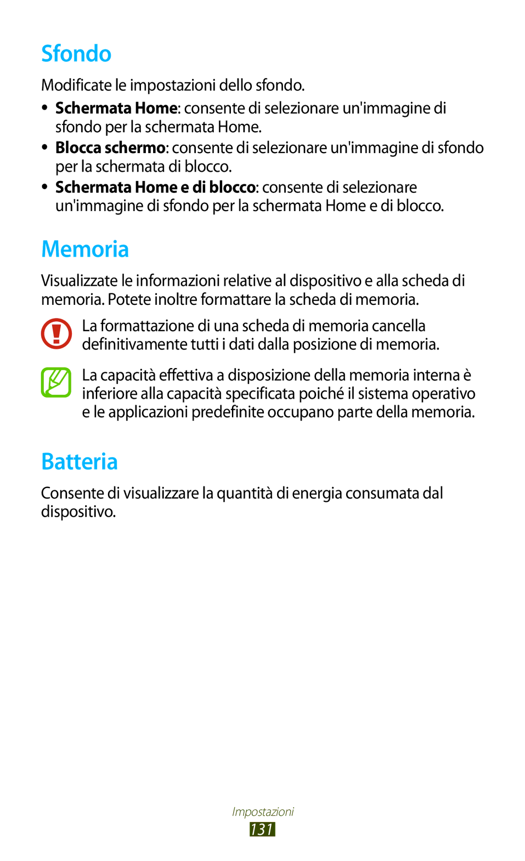 Samsung GT-S7560UWATIM, GT-S7560UWAWIN, GT-S7560ZKAXEO, GT-S7560ZKAWIN, GT-S7560ZKATIM manual Sfondo, Memoria, Batteria, 131 