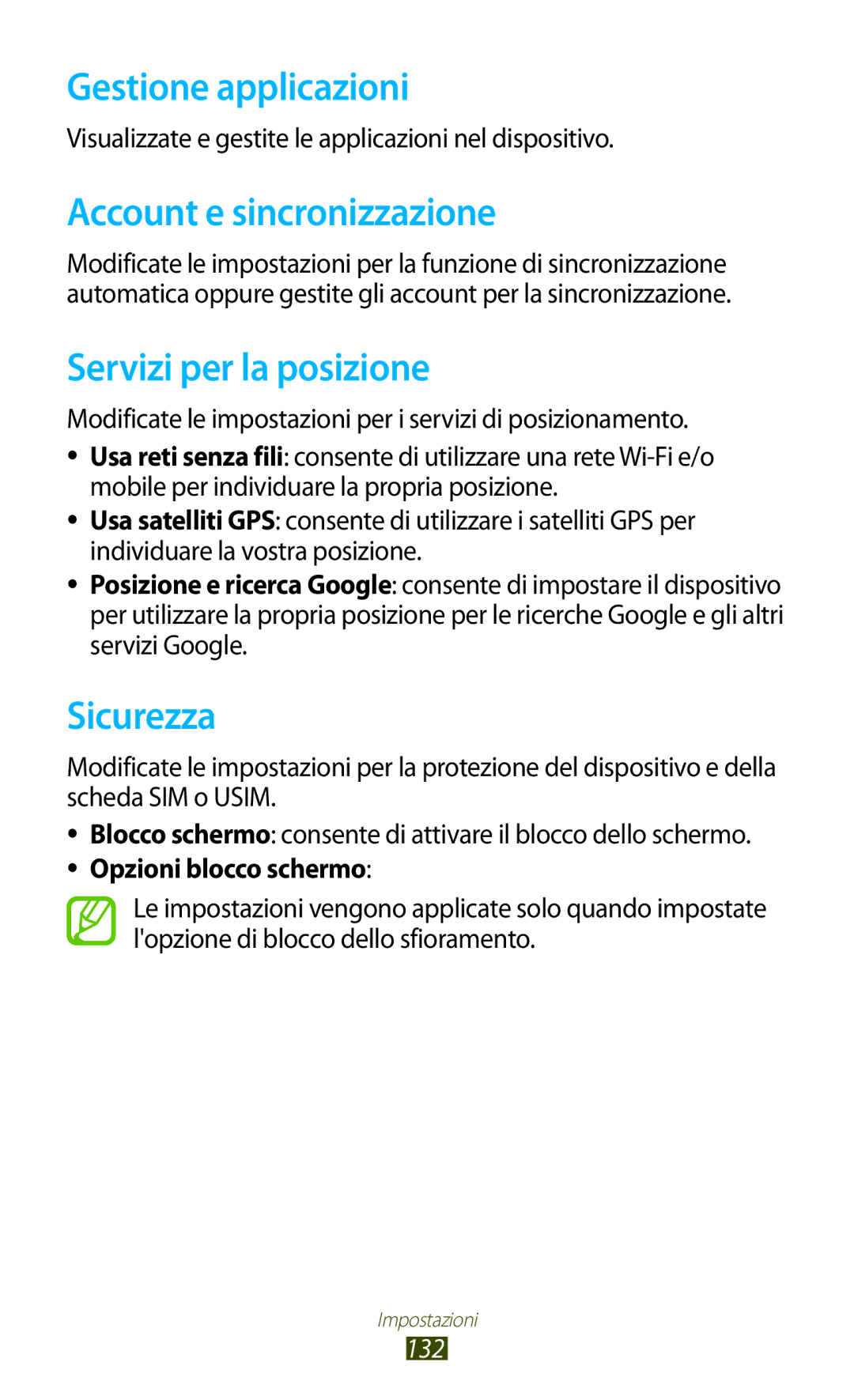 Samsung GT-S7560ZKATIM manual Gestione applicazioni, Account e sincronizzazione, Servizi per la posizione, Sicurezza, 132 