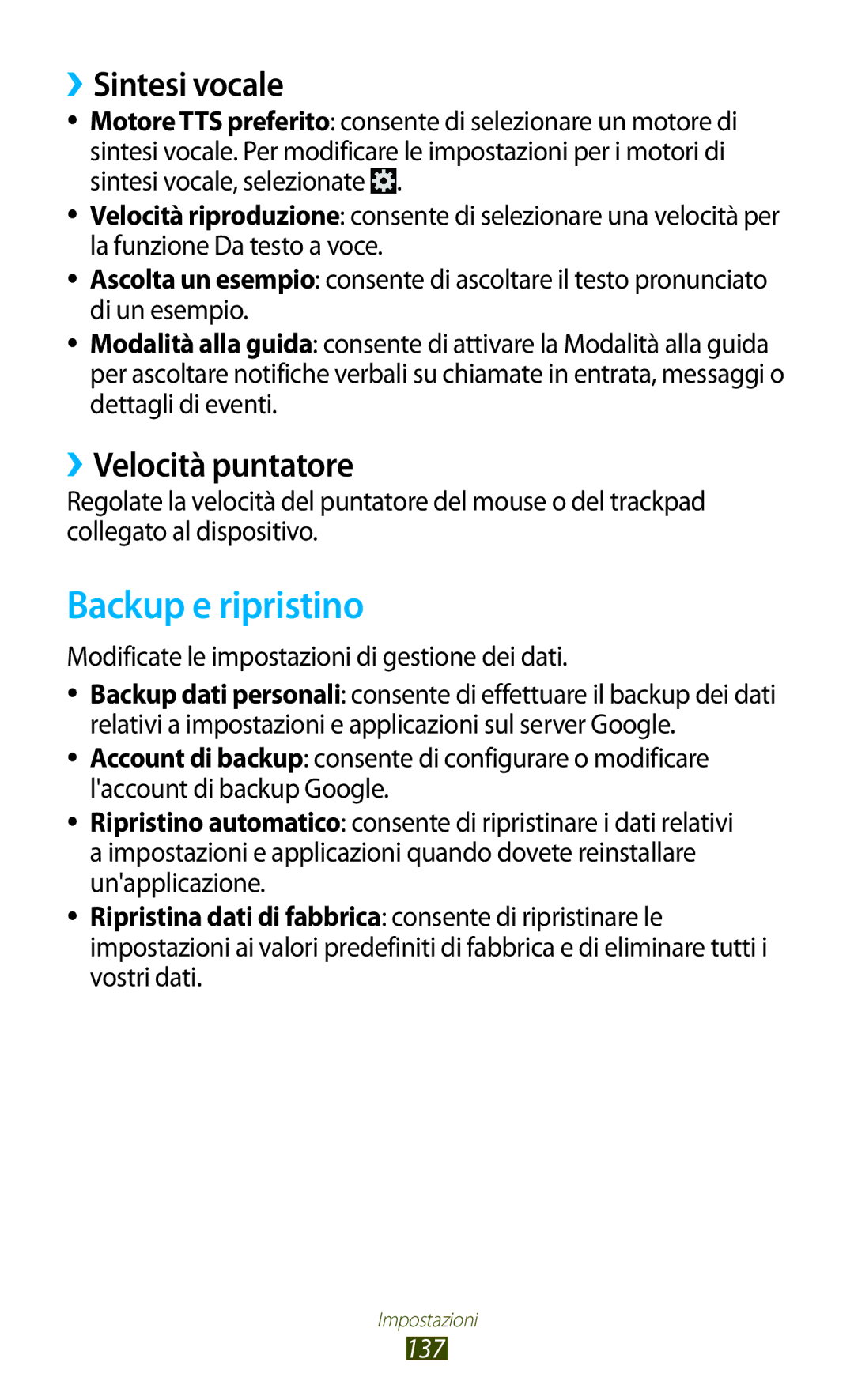 Samsung GT-S7560ZKAXEO, GT-S7560UWAWIN, GT-S7560ZKAWIN Backup e ripristino, ››Sintesi vocale, ››Velocità puntatore, 137 