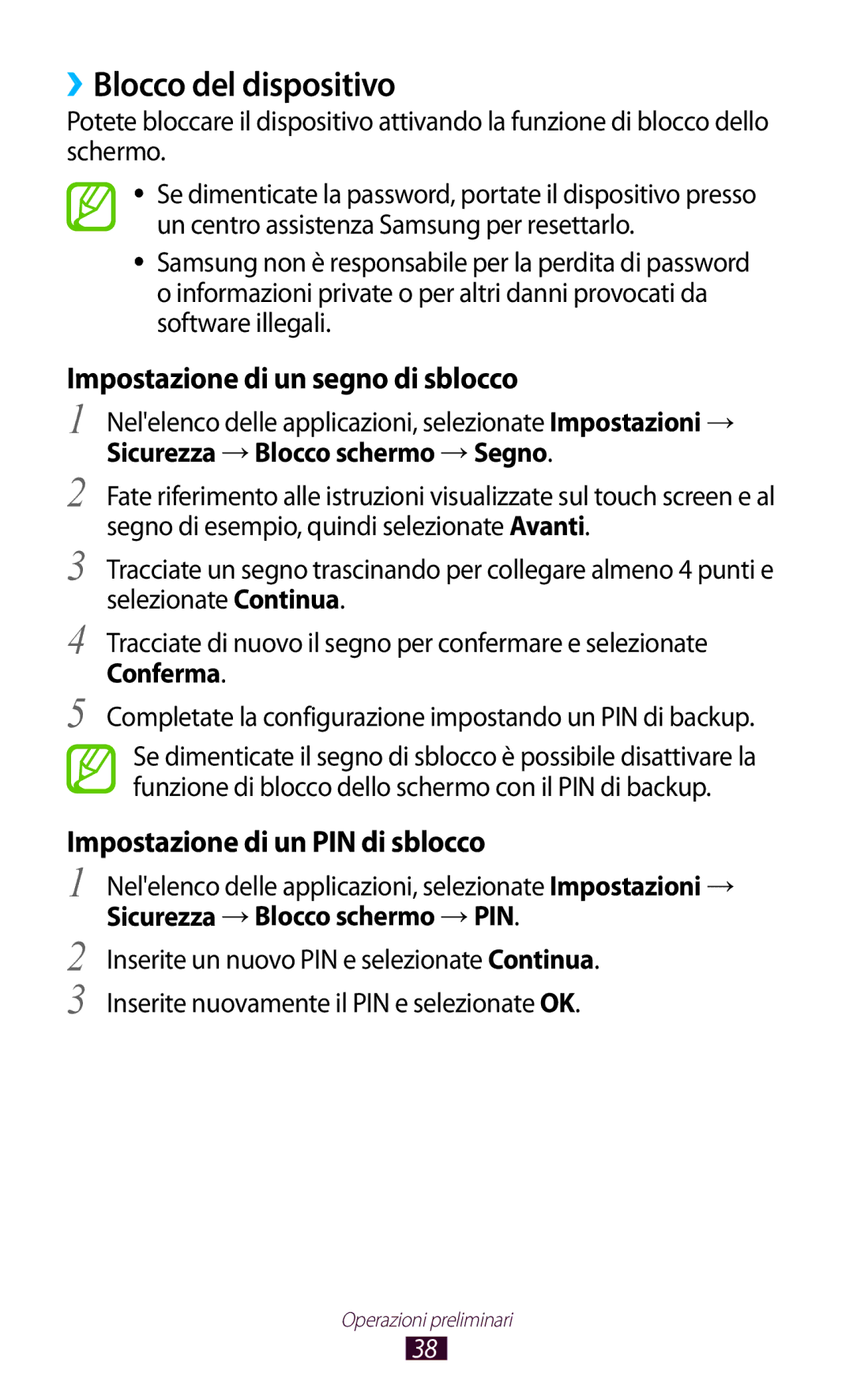 Samsung GT-S7560UWAOMN manual ››Blocco del dispositivo, Conferma, Completate la configurazione impostando un PIN di backup 