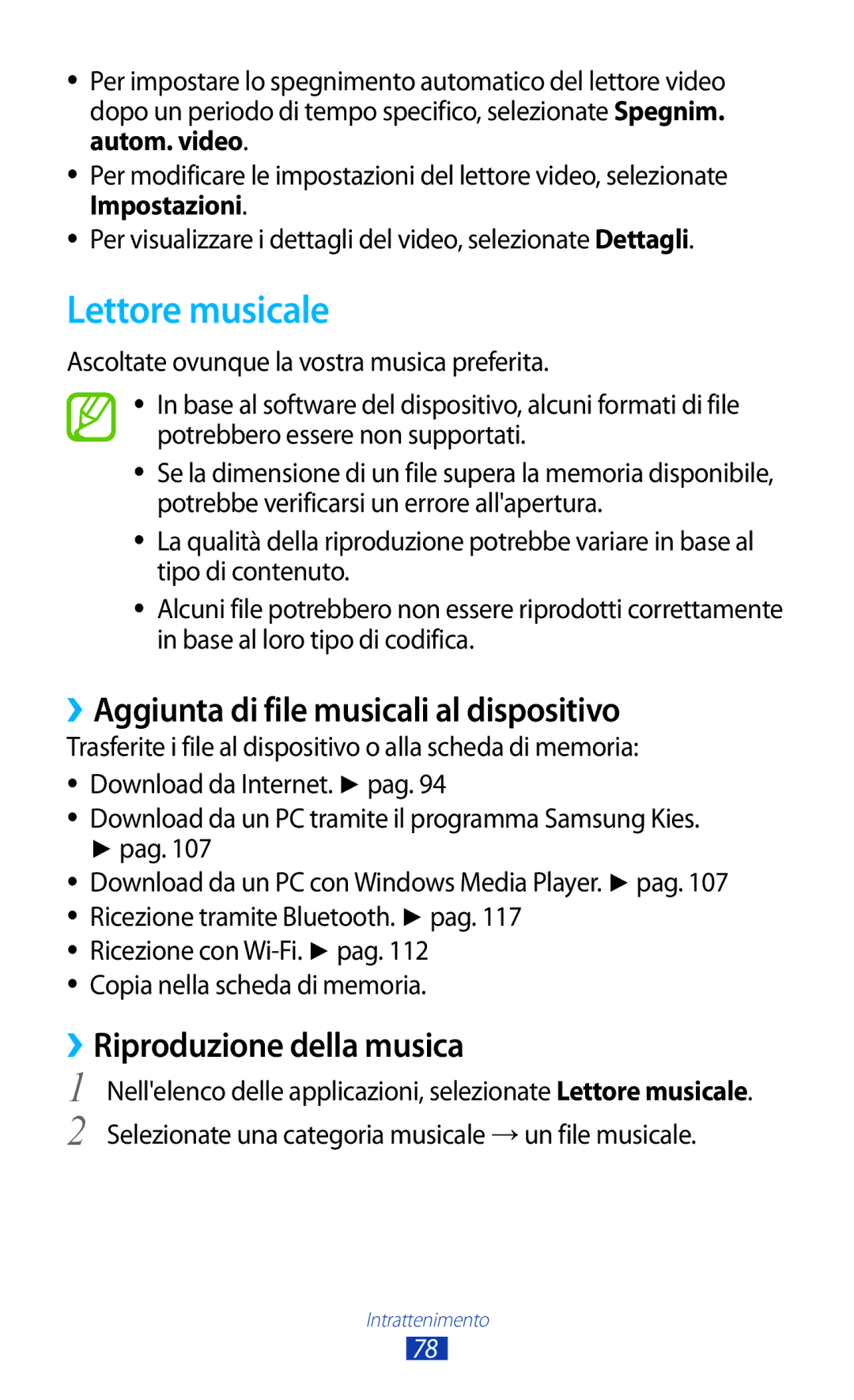 Samsung GT-S7560UWAOMN manual Lettore musicale, ››Aggiunta di file musicali al dispositivo, ››Riproduzione della musica 