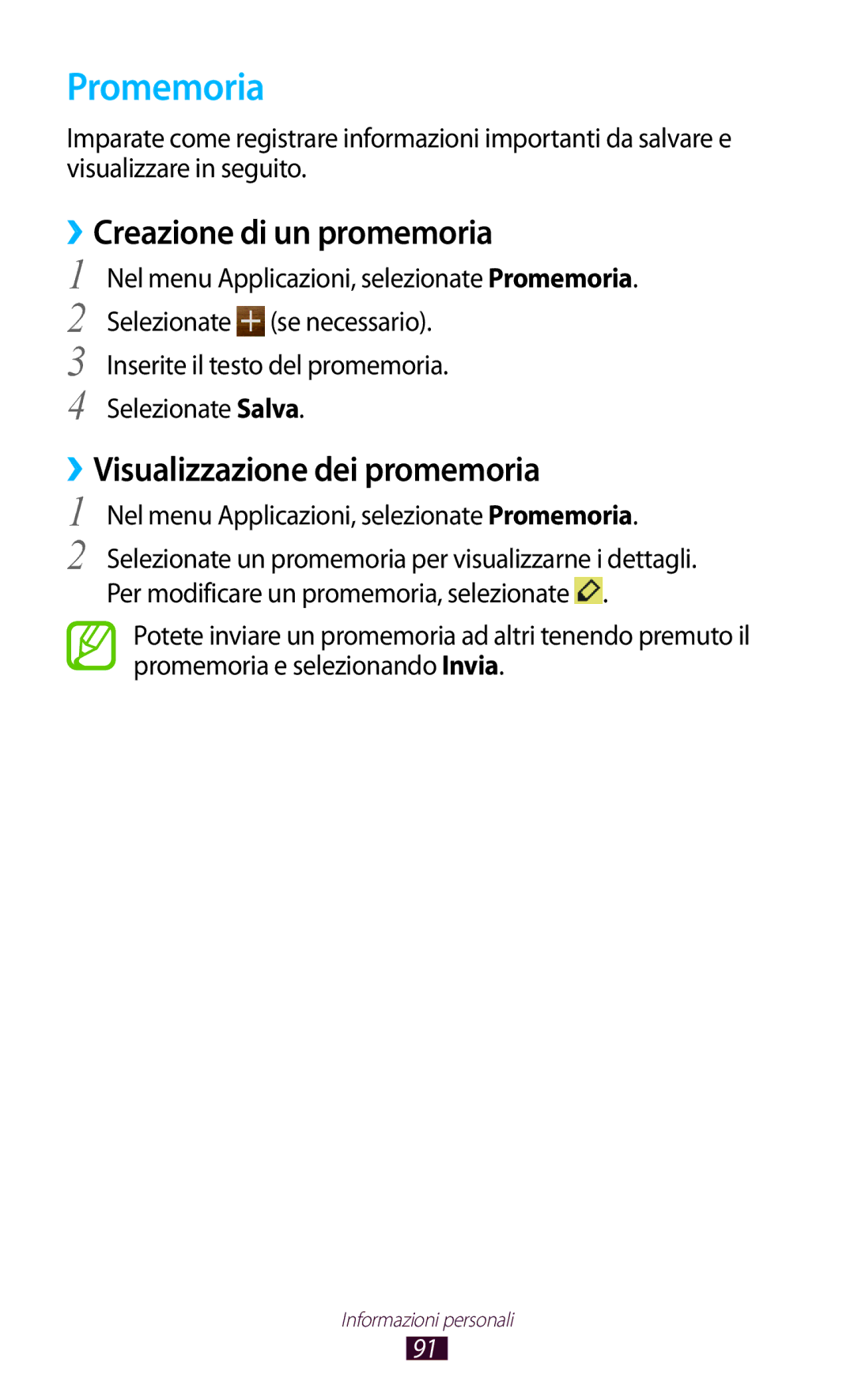 Samsung GT-S7560UWATIM, GT-S7560UWAWIN manual Promemoria, ››Creazione di un promemoria, ››Visualizzazione dei promemoria 