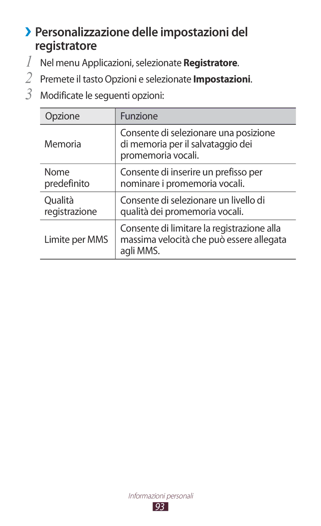 Samsung GT-S7560ZKAOMN, GT-S7560UWAWIN, GT-S7560ZKAXEO ››Personalizzazione delle impostazioni del Registratore, Agli MMS 