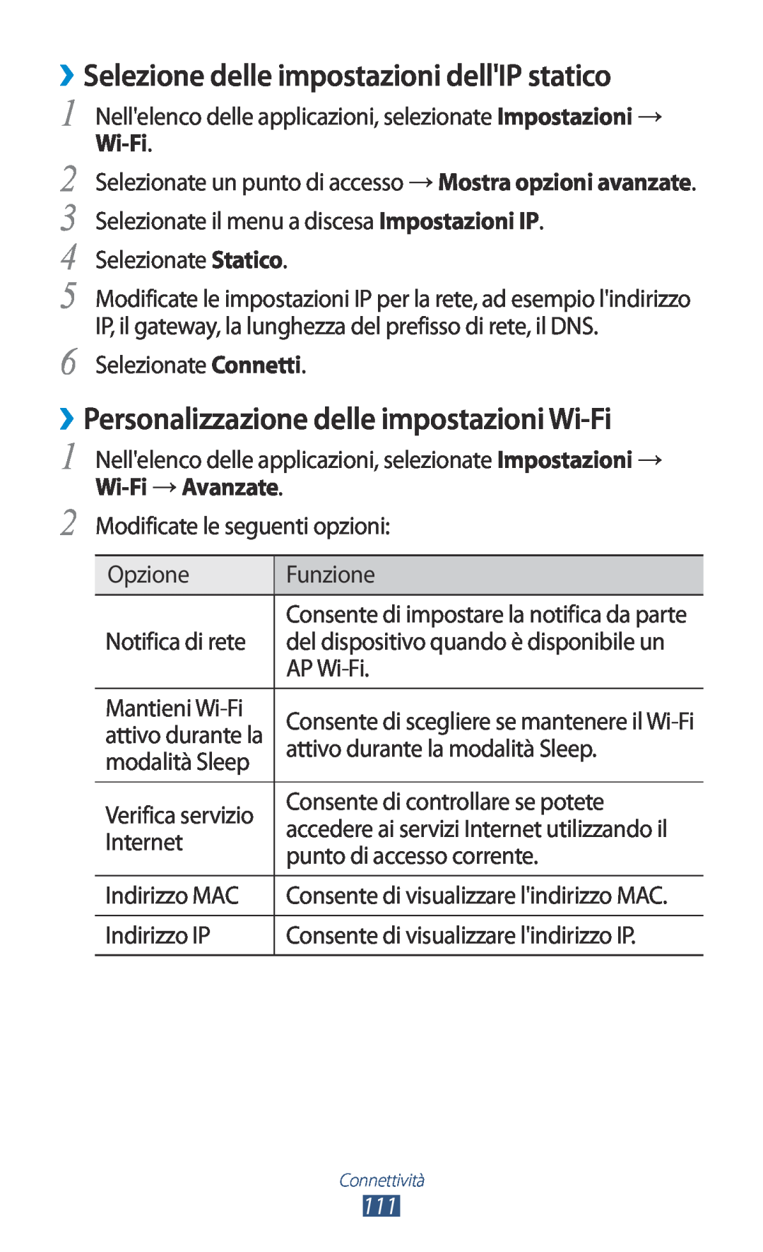 Samsung GT-S7560ZKAITV manual ››Selezione delle impostazioni dellIP statico, ››Personalizzazione delle impostazioni Wi-Fi 