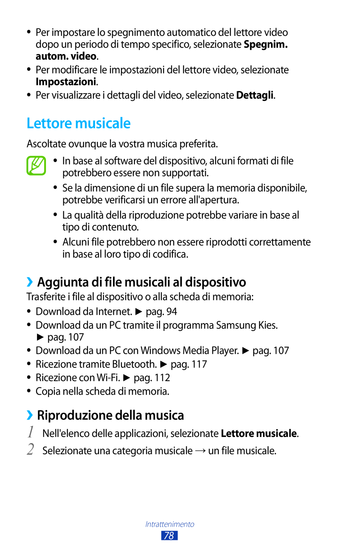 Samsung GT-S7560UWAOMN manual Lettore musicale, ››Aggiunta di file musicali al dispositivo, ››Riproduzione della musica 