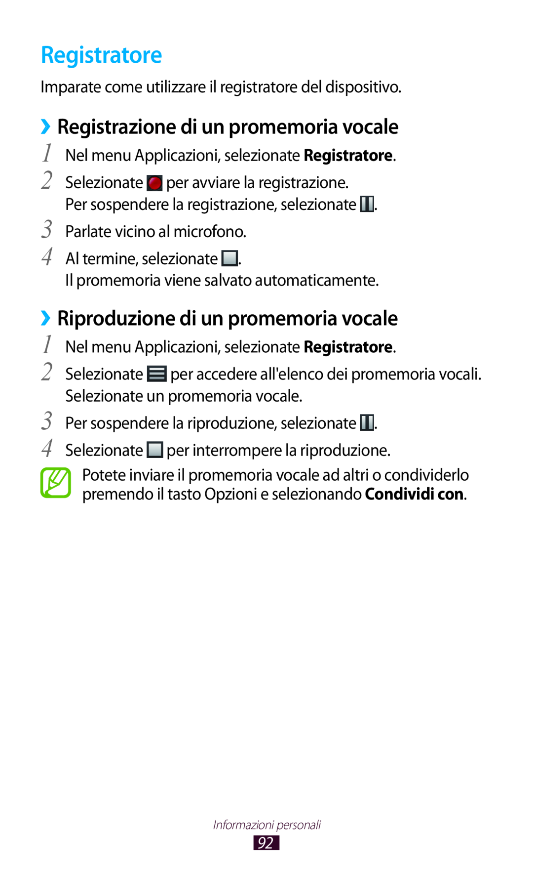 Samsung GT-S7560ZKATIM manual Registratore, ››Registrazione di un promemoria vocale, ››Riproduzione di un promemoria vocale 