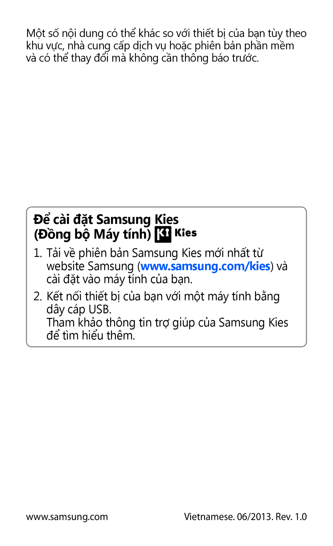 Samsung GT-S7560ZKAXXV, GT-S7560UWAXXV manual Để cài đặt Samsung Kies Đồng bộ Máy tính 