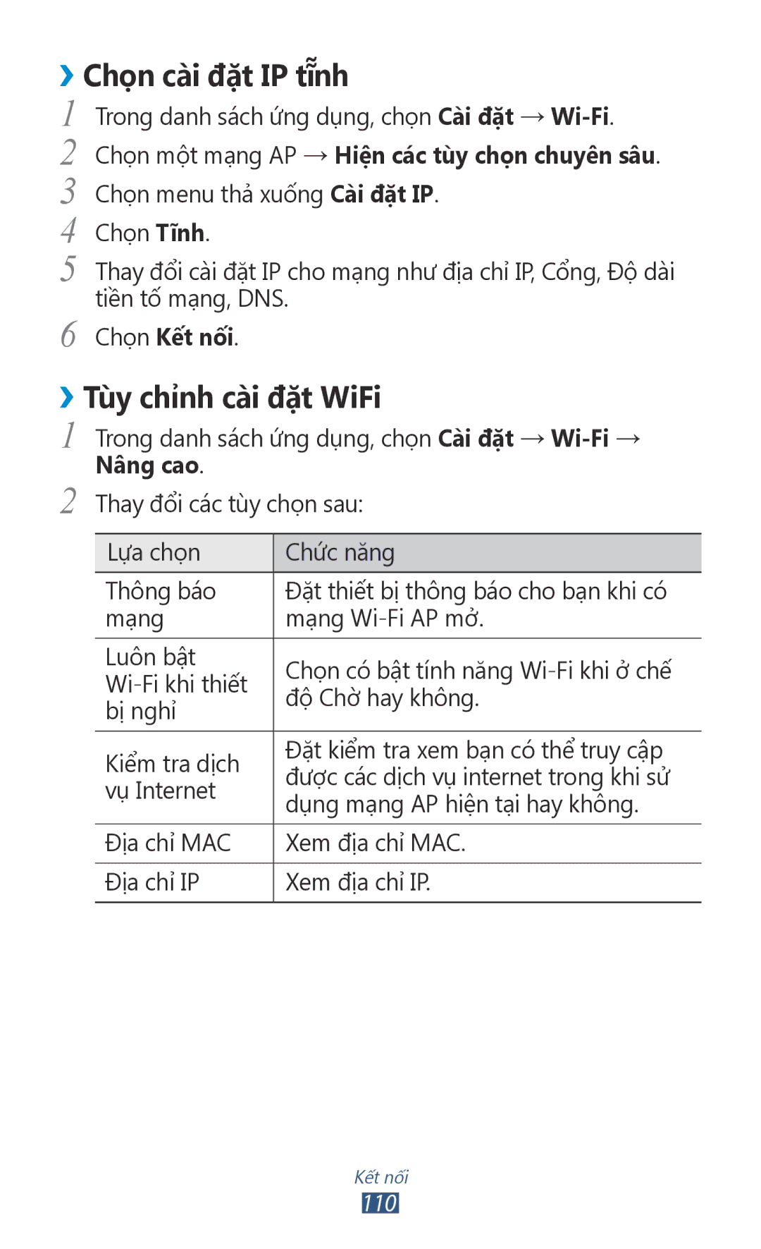 Samsung GT-S7560ZKAXXV, GT-S7560UWAXXV manual ››Chon cai đăt IP tĩnh, ››Tùy chỉnh cài đặt WiFi 