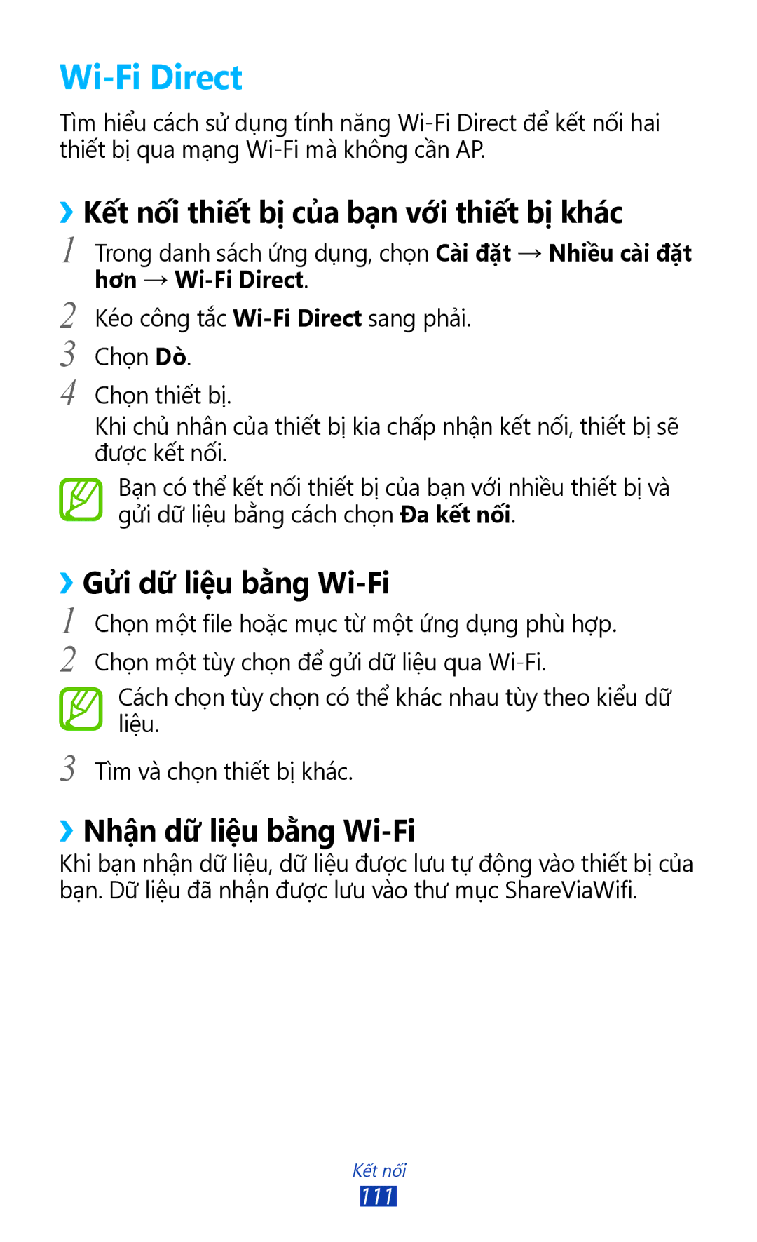 Samsung GT-S7560UWAXXV manual Wi-Fi Direct, ››Kết nối thiết bị của bạn với thiết bị khác, ››Gửi dữ liệu bằng Wi-Fi 