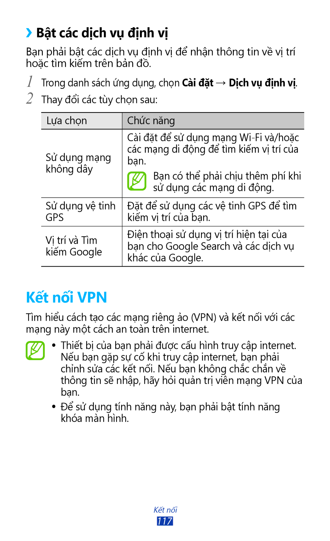 Samsung GT-S7560UWAXXV, GT-S7560ZKAXXV manual Kết nối VPN, ››Bật các dịch vụ định vị 