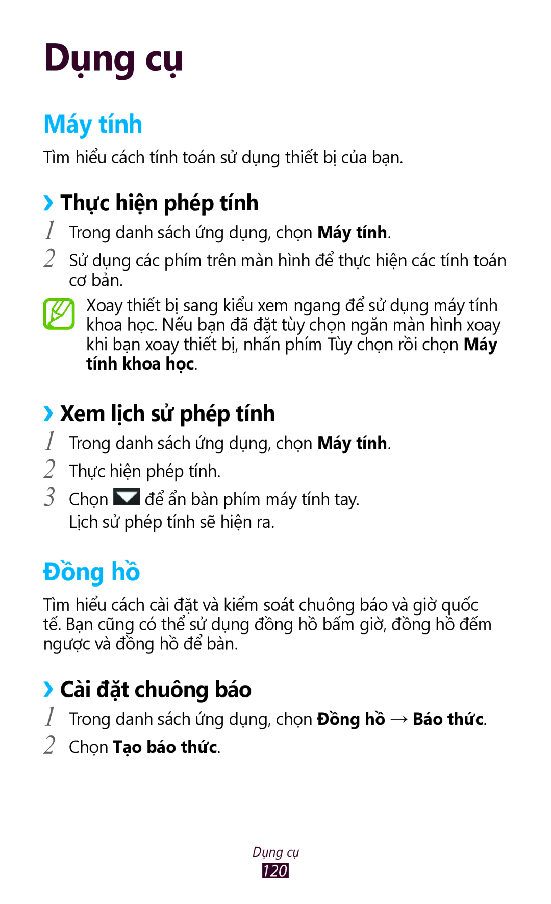 Samsung GT-S7560ZKAXXV manual Máy tính, Đồng hồ, ››Thự̣c hiện phép tính, ››Xem lịch sử phép tính, ››Cài đặt chuông báo 