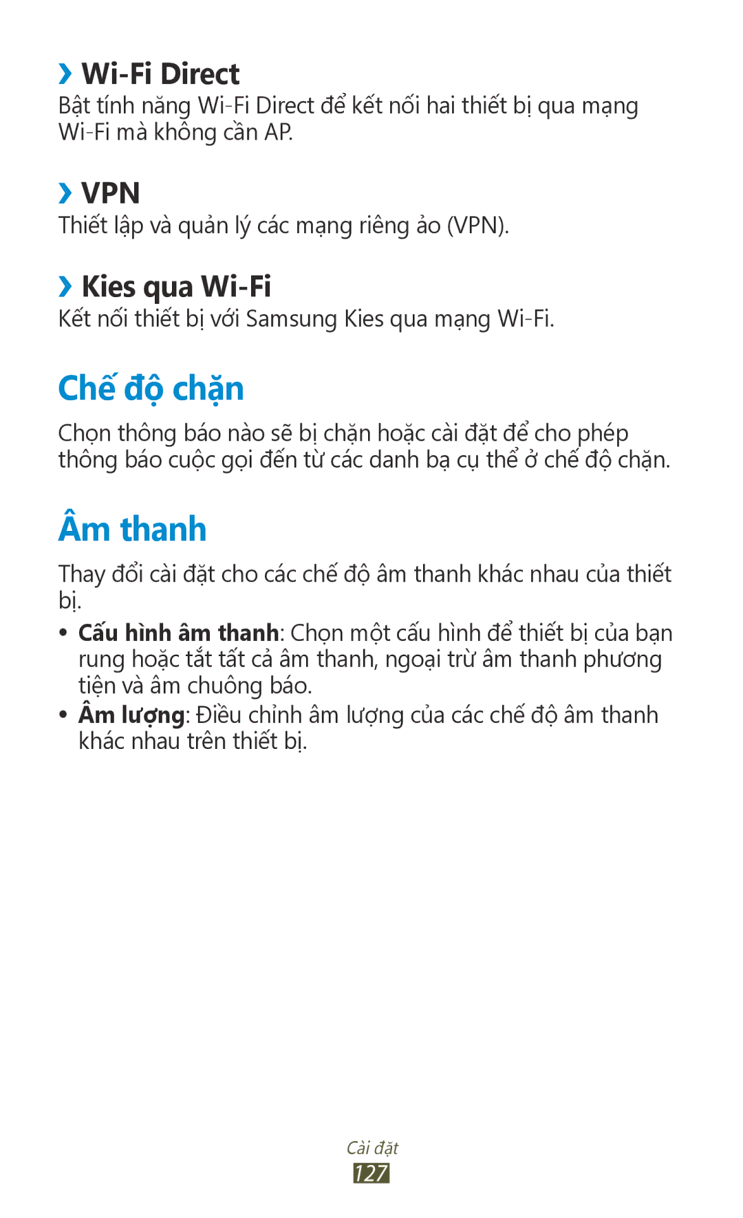 Samsung GT-S7560UWAXXV, GT-S7560ZKAXXV manual Chê đô chăn, Âm thanh, ››Wi-Fi Direct, ››Kies qua Wi-Fi 