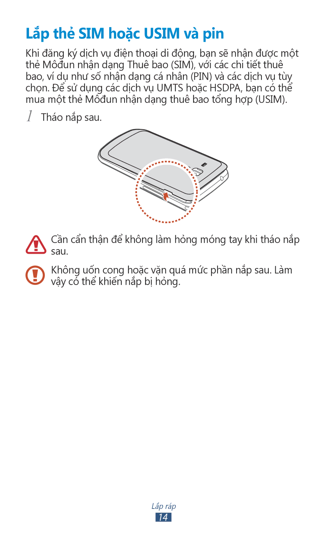 Samsung GT-S7560ZKAXXV, GT-S7560UWAXXV manual Lắp thẻ SIM hoặc Usim và pin 