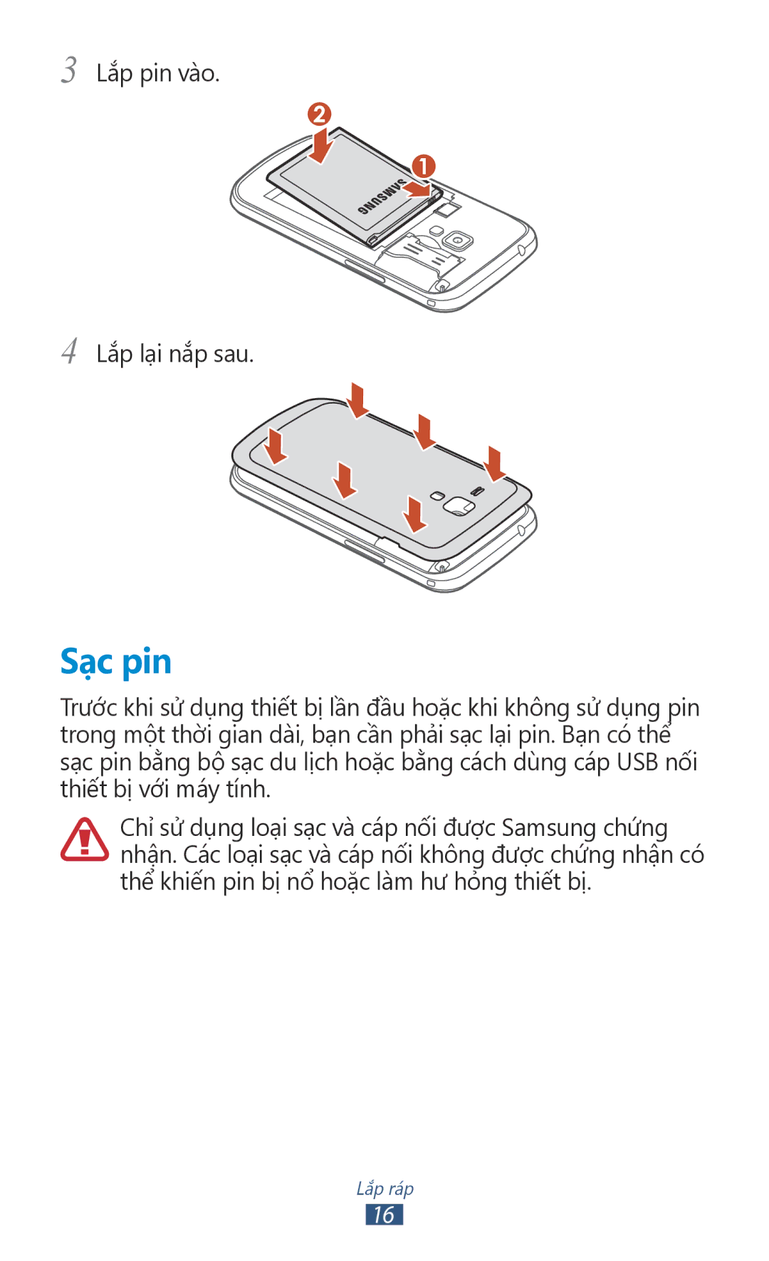 Samsung GT-S7560ZKAXXV, GT-S7560UWAXXV manual Sạc pin 