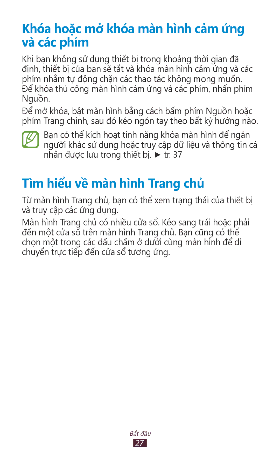 Samsung GT-S7560UWAXXV manual Khó́a hoặc mở khó́a màn hì̀nh cả̉m ứng và các phím, Tì̀m hiểu về màn hì̀nh Trang chủ 