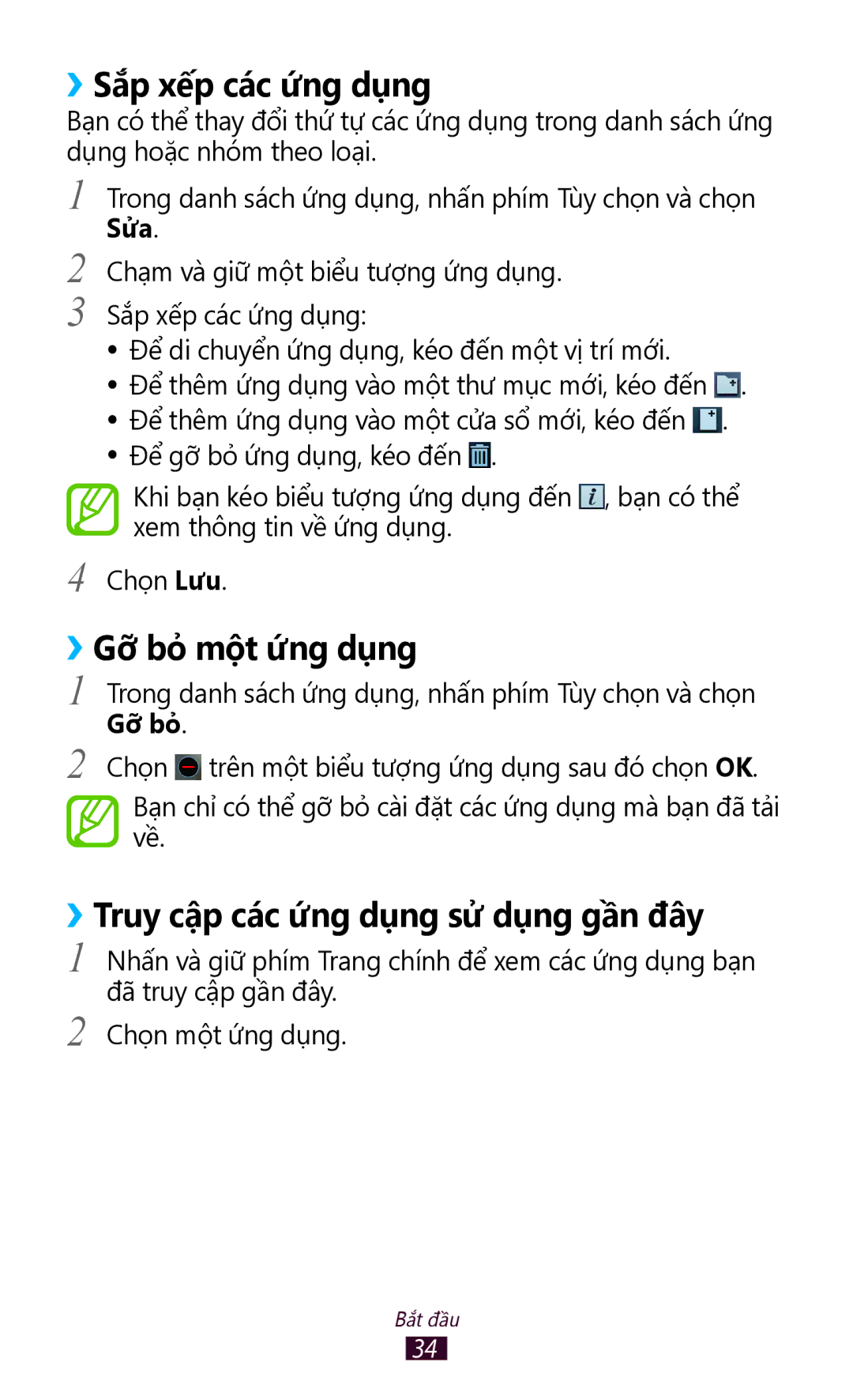 Samsung GT-S7560ZKAXXV manual ››Sắp xếp các ứng dụng, ››Gỡ bỏ một ứng dụng, ››Truy cập các ứng dụng sử dụng gần đây 