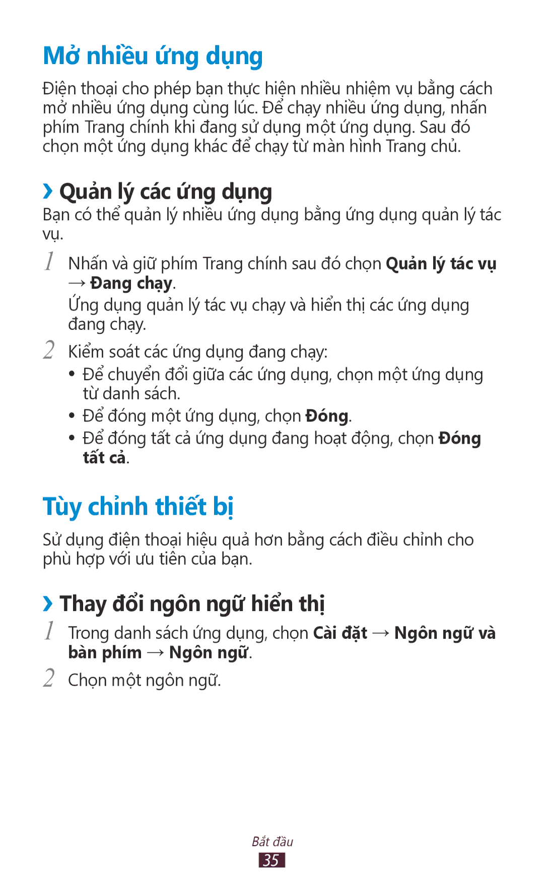Samsung GT-S7560UWAXXV manual Mở nhiều ứng dụng, Tùy chỉnh thiết bị, ››Quả̉n lý các ứng dụng, ››Thay đổi ngôn ngữ hiển thị 