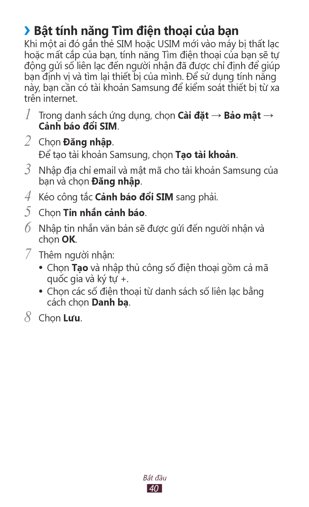 Samsung GT-S7560ZKAXXV, GT-S7560UWAXXV manual ››Bật tính năng Tì̀m điện thoại của bạn, Chọn Đăng nhập 