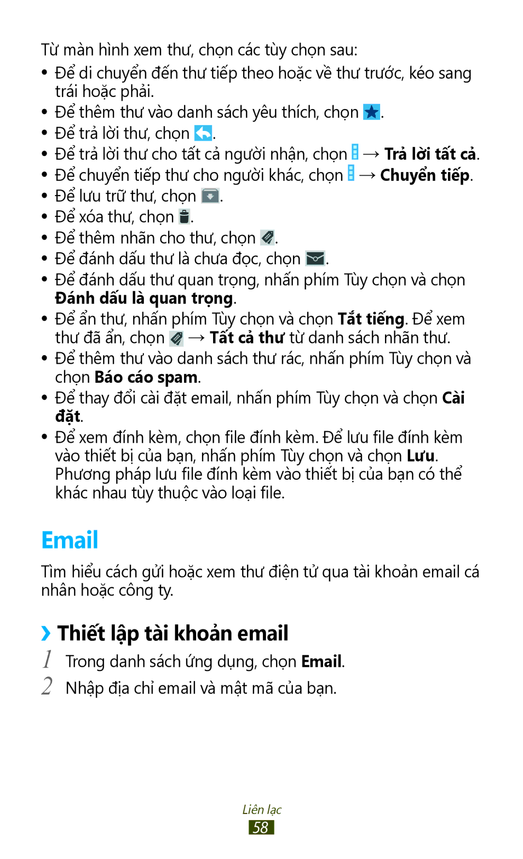 Samsung GT-S7560ZKAXXV, GT-S7560UWAXXV manual ››Thiết lập tài khoả̉n email 