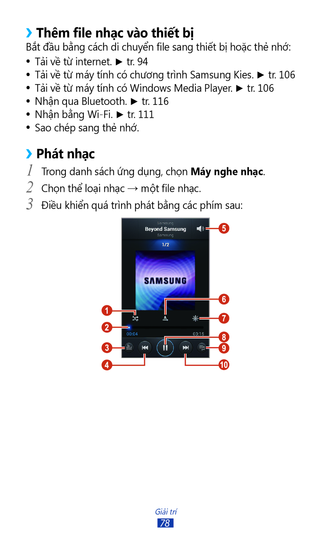 Samsung GT-S7560ZKAXXV, GT-S7560UWAXXV manual ››Thêm file nhạc vào thiết bị, ››Phát nhạc 