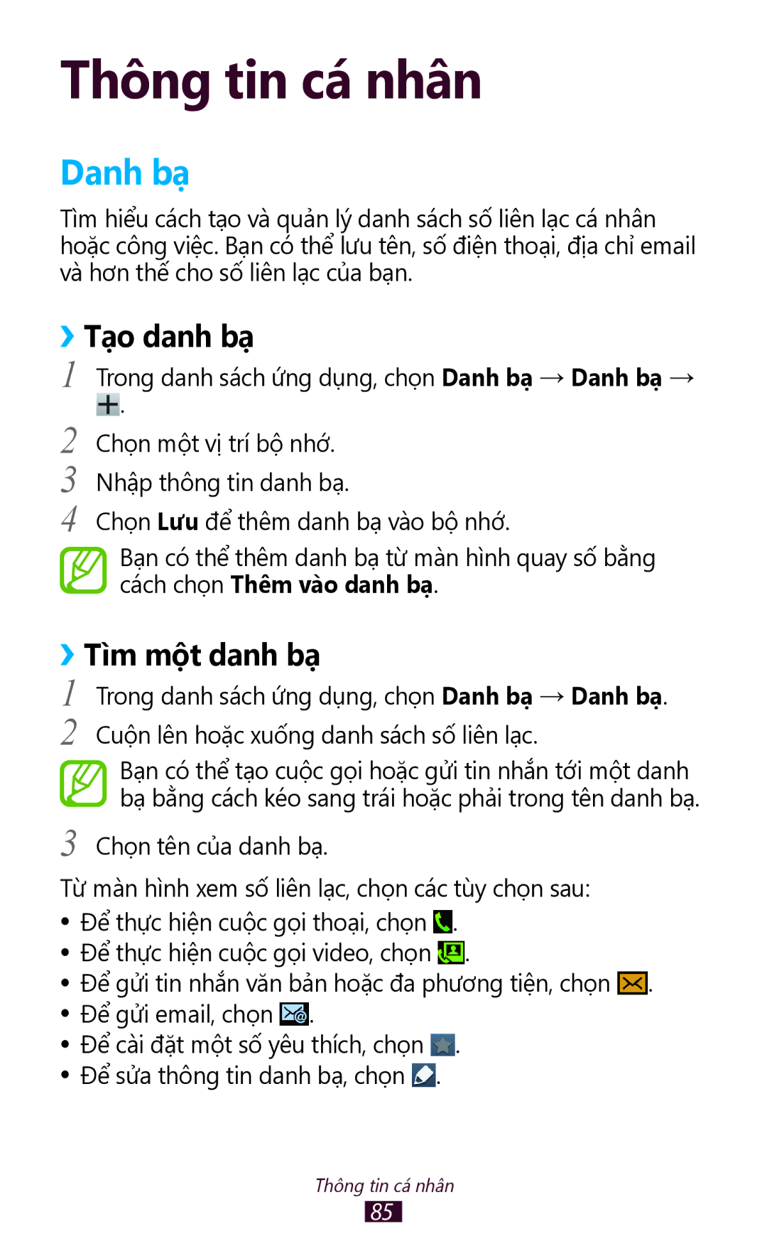 Samsung GT-S7560UWAXXV, GT-S7560ZKAXXV manual Danh bạ, ››Tạo danh bạ, ››Tì̀m một danh bạ 