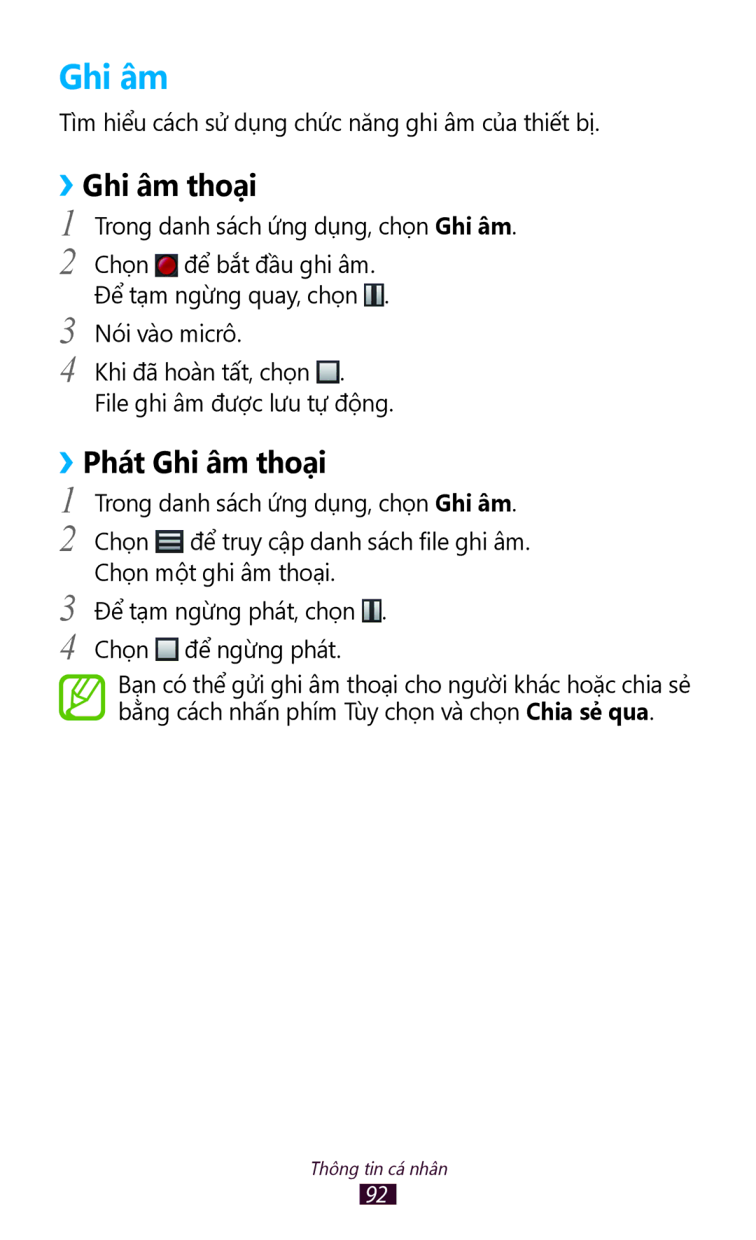 Samsung GT-S7560ZKAXXV, GT-S7560UWAXXV manual ››Ghi âm thoại, ››Phát Ghi âm thoại 