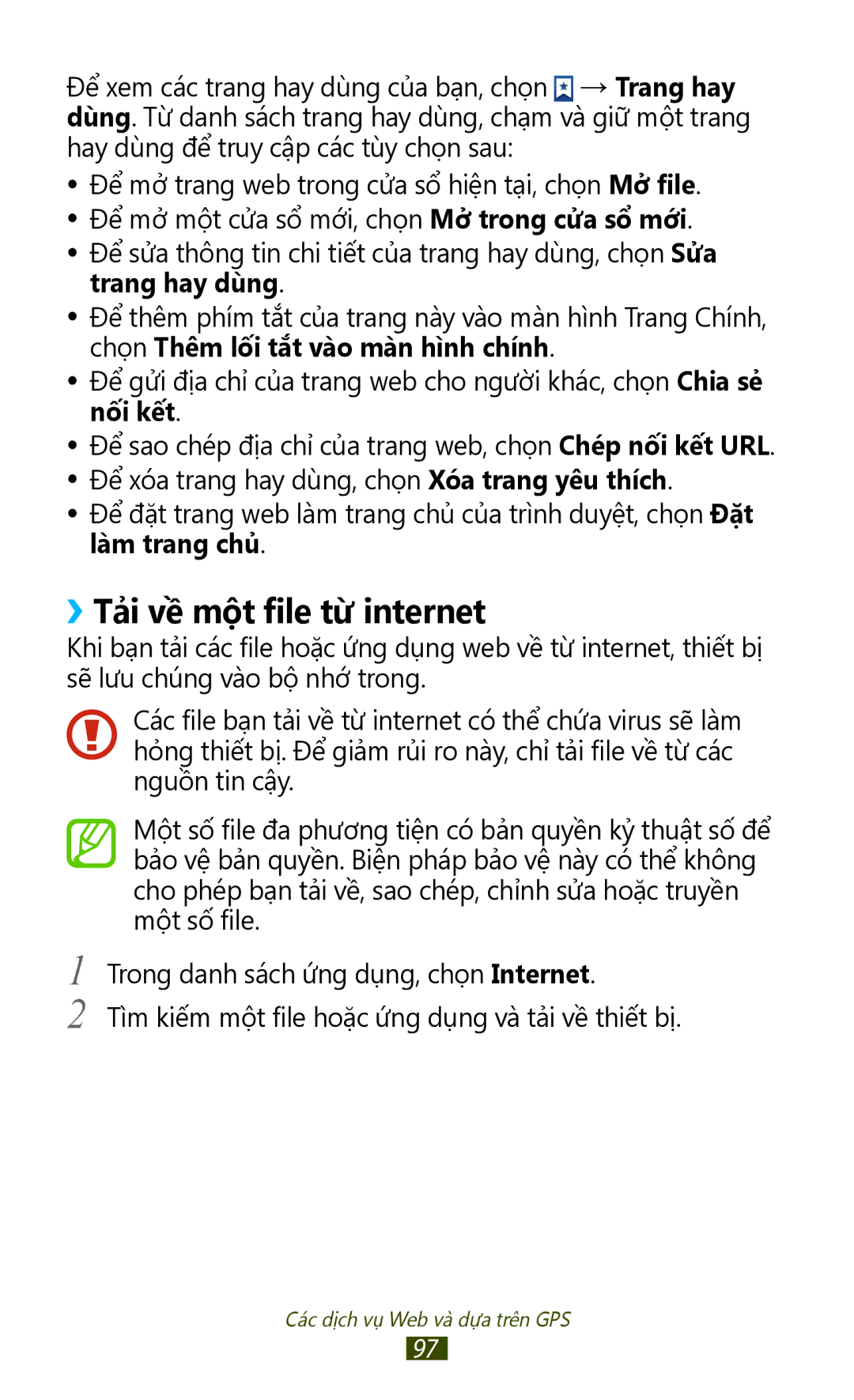 Samsung GT-S7560UWAXXV, GT-S7560ZKAXXV manual ››Tả̉i về một file từ̀ internet, Trang hay dùng 