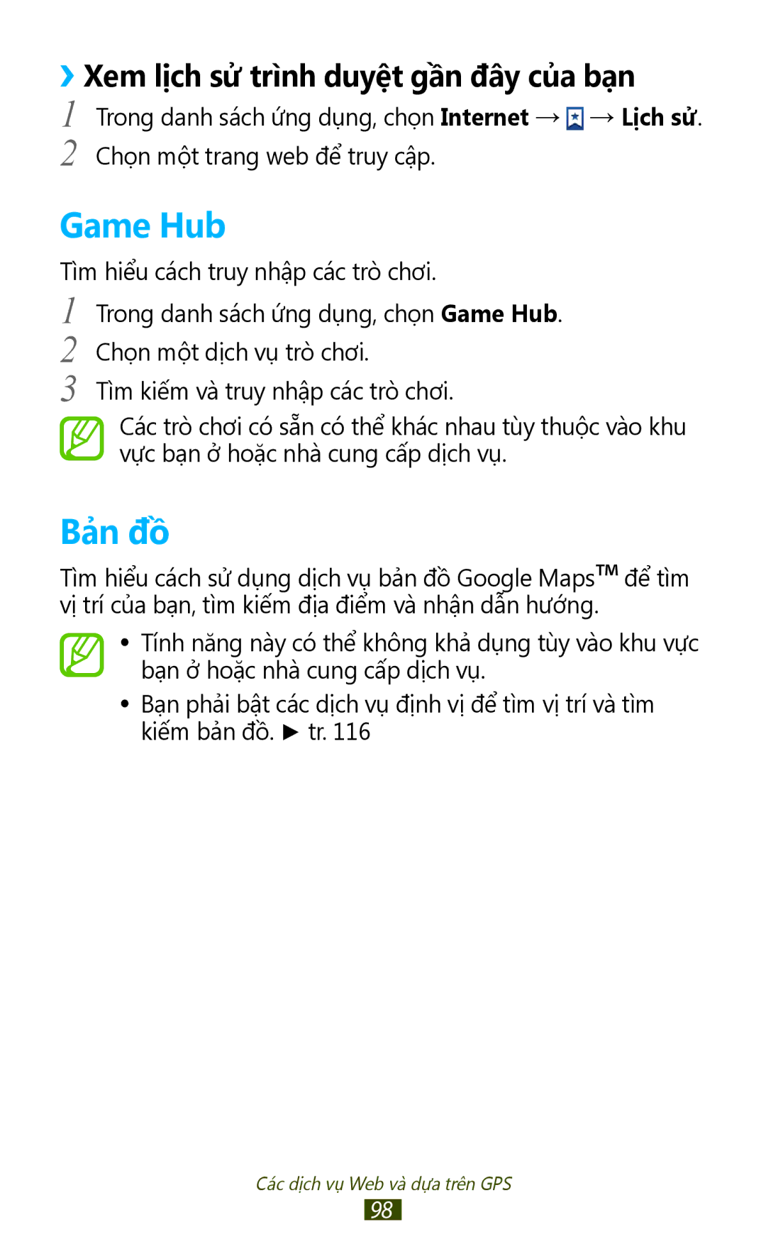 Samsung GT-S7560ZKAXXV, GT-S7560UWAXXV manual Game Hub, Bả̉n đồ, ››Xem lich sử trì̀nh duyệt gân đây cua ban 