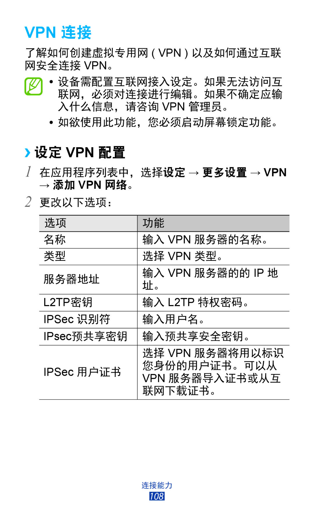 Samsung GT-S7560UWAXXV, GT-S7560ZKAXXV manual Vpn 连接, ››设定 Vpn 配置 