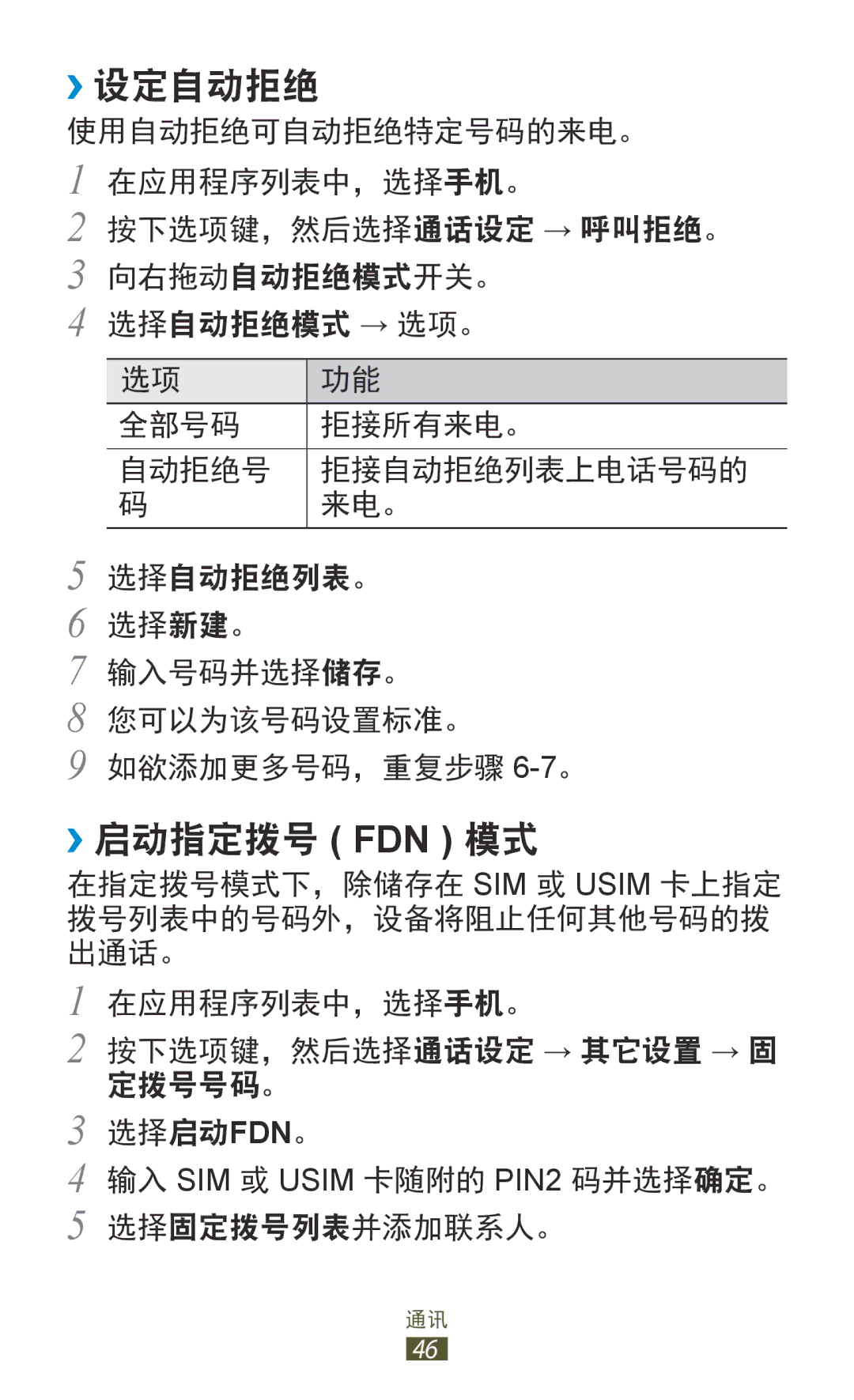 Samsung GT-S7560UWAXXV, GT-S7560ZKAXXV manual ››设定自动拒绝, ››启动指定拨号 Fdn 模式 